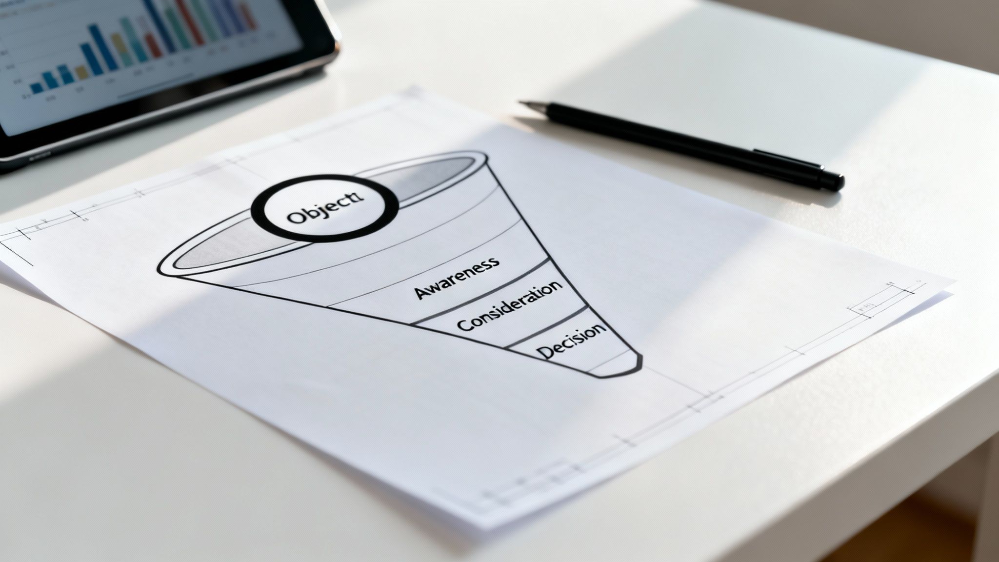 Sales funnel diagram on paper, showing stages: Object, Awareness, Consideration, Decision. A tablet and pen are nearby.