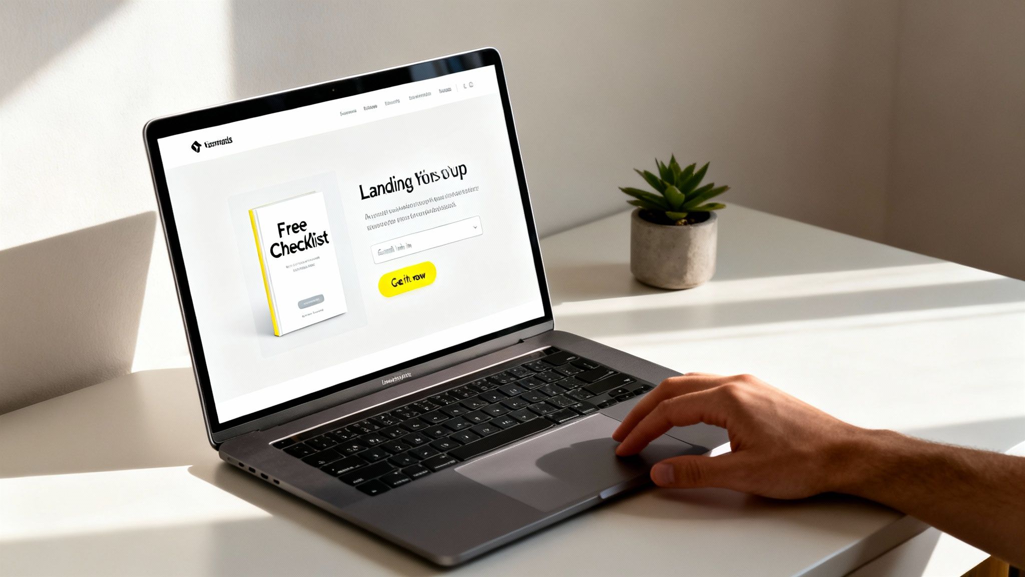 A person's hand on a laptop displaying a digital marketing landing page with a free checklist ebook.