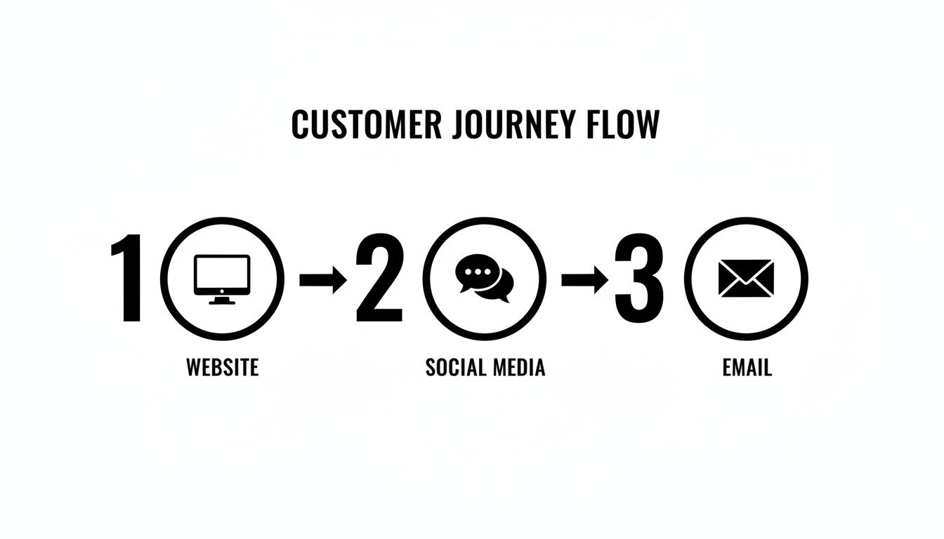 Customer journey flow illustration showing three steps: website, social media, and email communication.