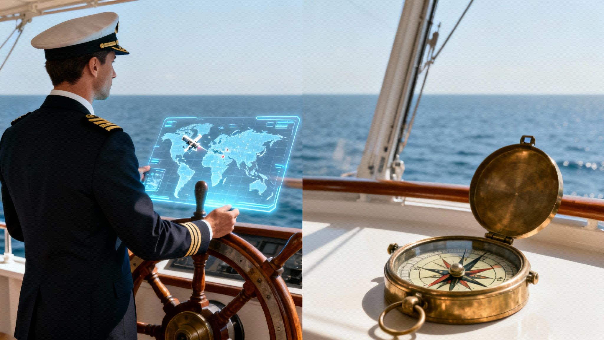 A ship captain uses a holographic map for navigation, contrasted with an antique brass compass.