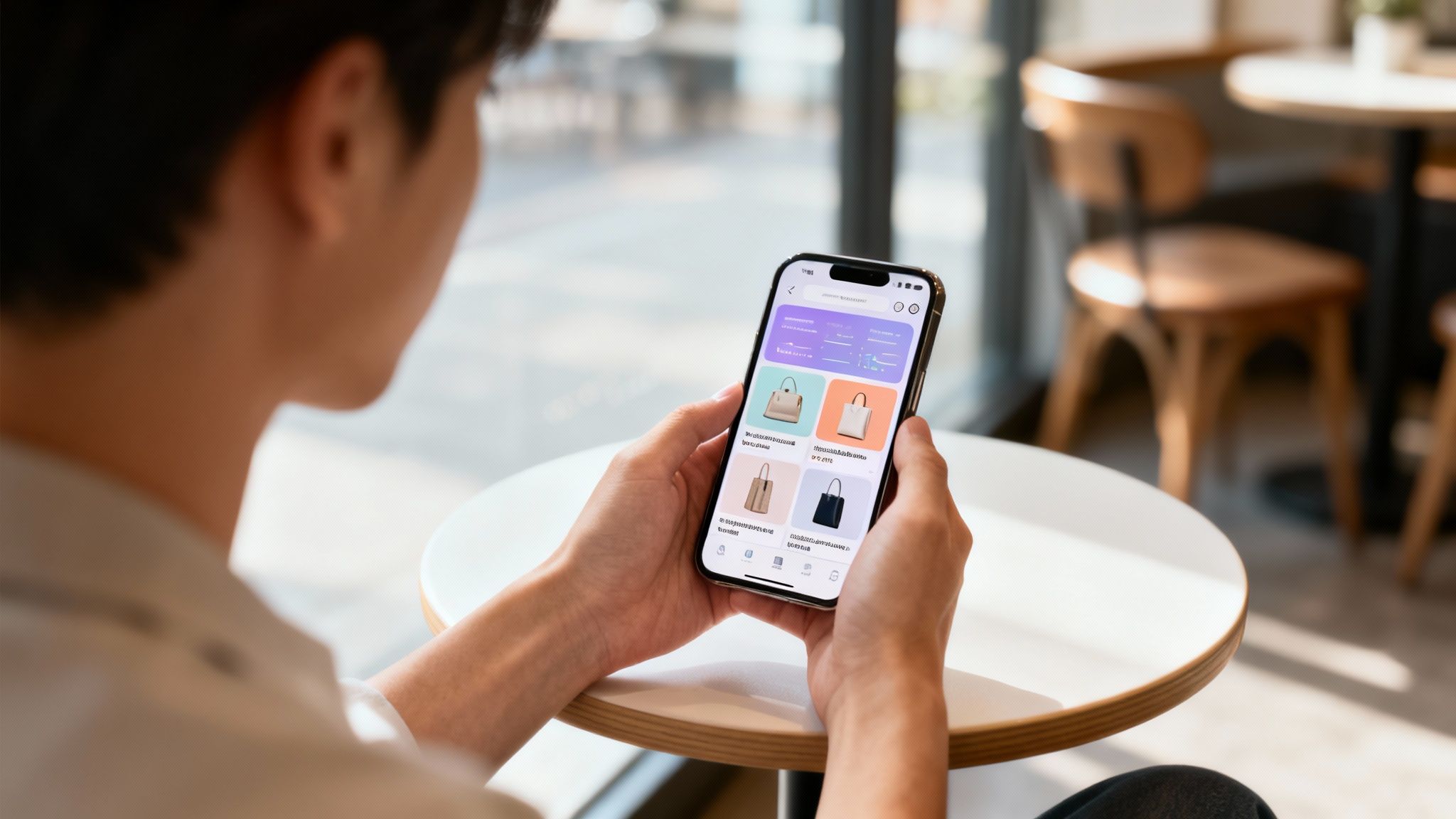Hands holding a smartphone displaying an e-commerce app with various handbags in a bright cafe.