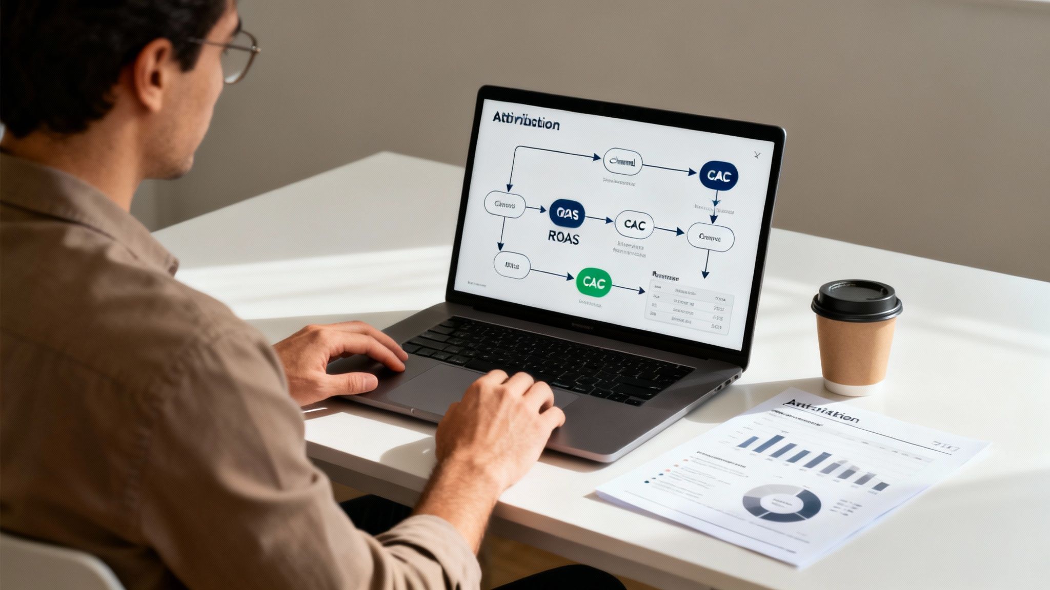 A man analyzes marketing attribution data on a laptop with charts, coffee, and documents.