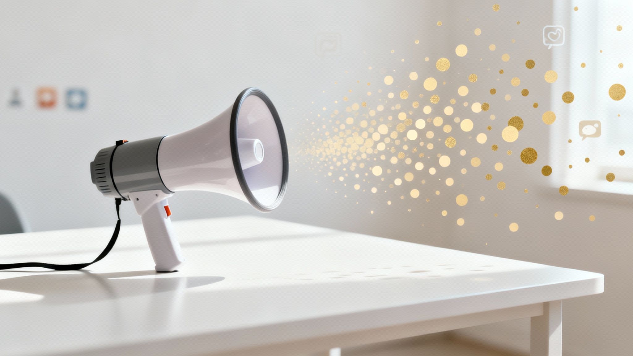 A megaphone on a white table spreading golden glitter, symbolizing a powerful marketing message.