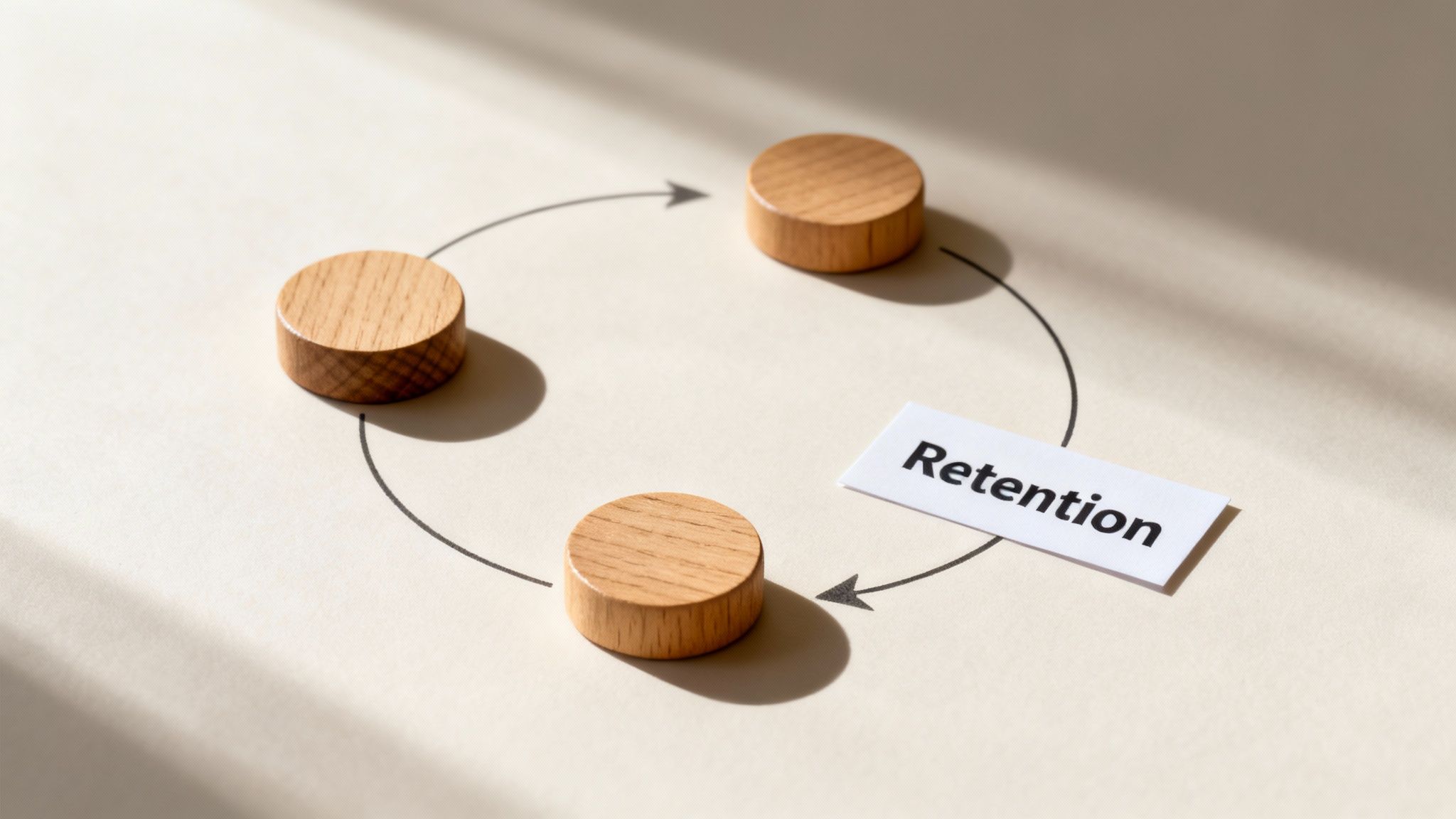 A cyclical diagram showing three wooden blocks and arrows, highlighting 'Retention' on a paper slip.