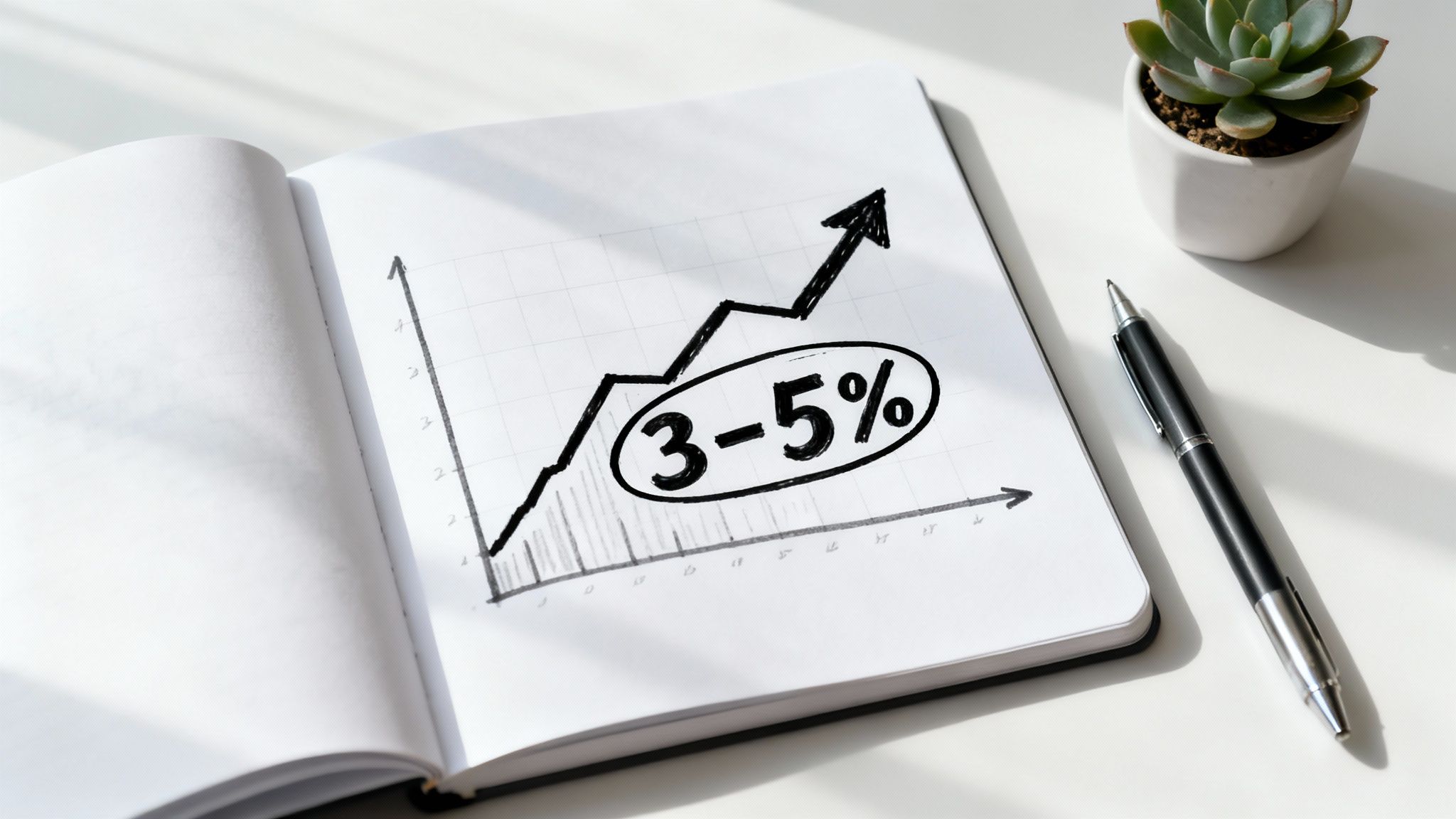 A hand-drawn line graph in an open notebook shows an upward trend with '3-5%' highlighted, suggesting growth.