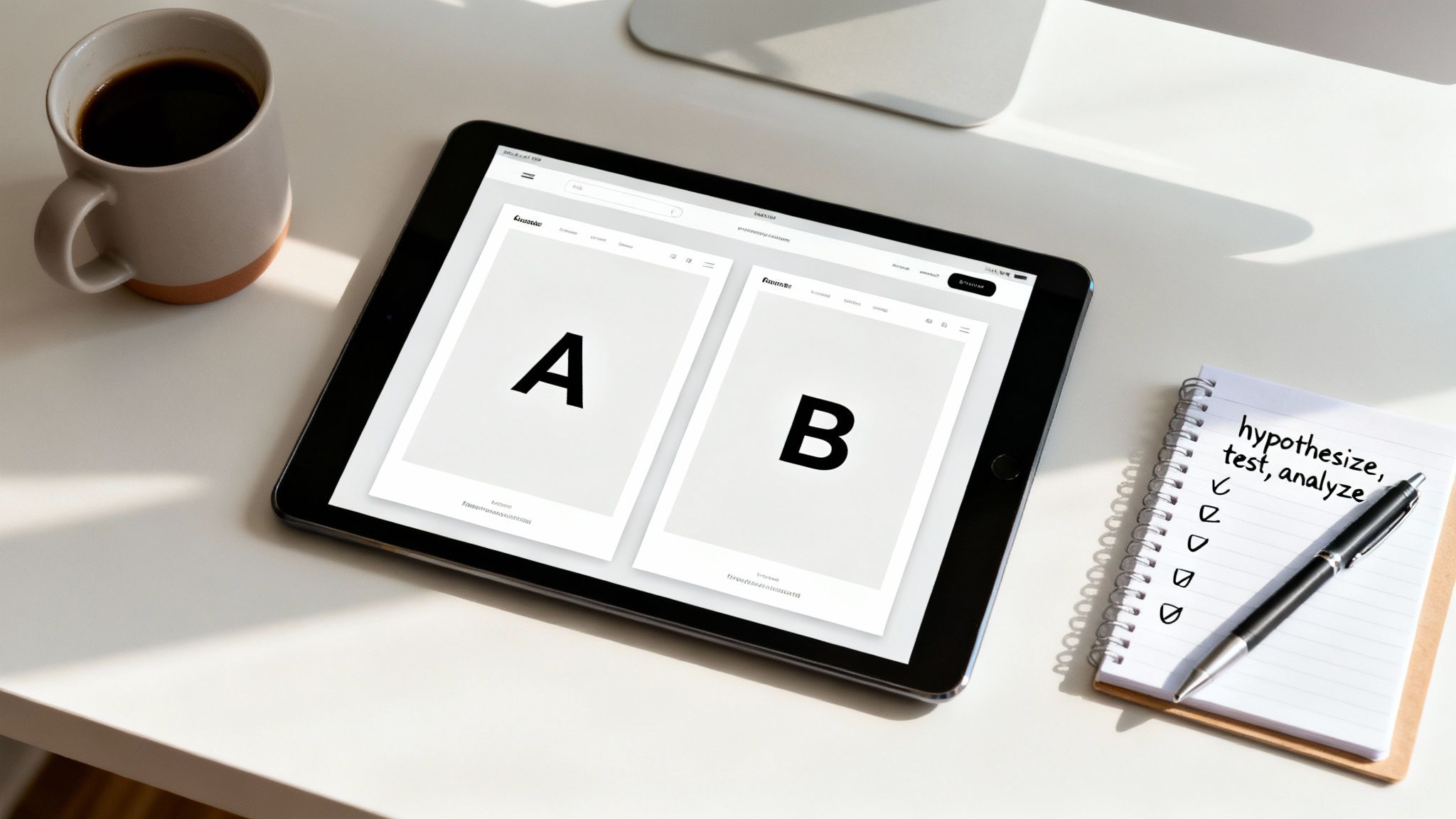 A tablet displays an A/B test interface, beside a coffee mug and a notebook with a 'hypothesize, test, analyze' checklist.
