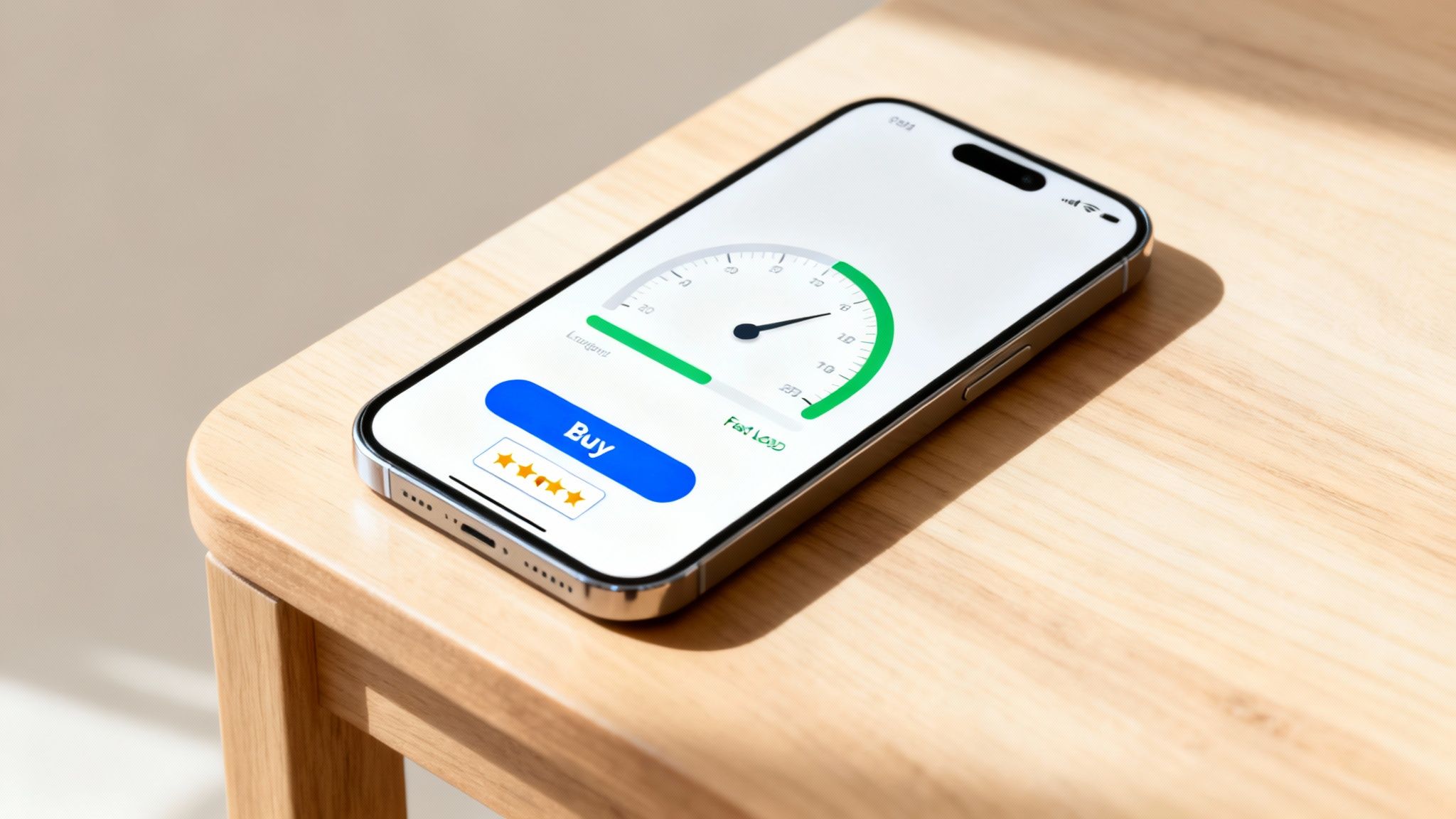 Smartphone on a wooden table displaying a 'Fast Load' gauge, a 'Buy' button, and a 4-star rating.