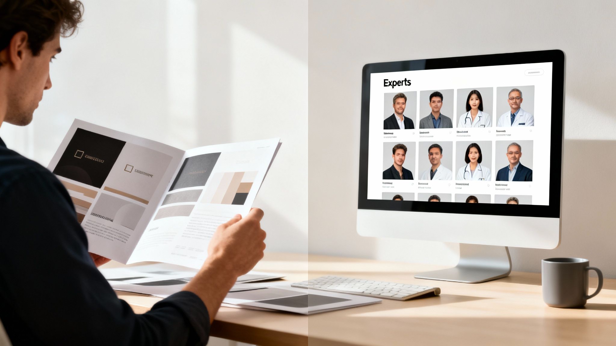 A man reviews a brand guide while a computer displays an 'Experts' page with professional headshots.
