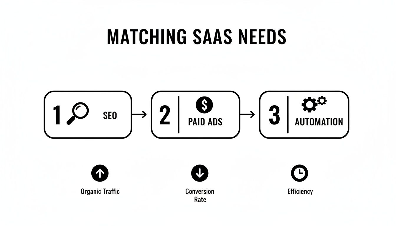 Flowchart showing SaaS marketing strategy: SEO for organic traffic, paid ads for conversion rate, and automation for efficiency.