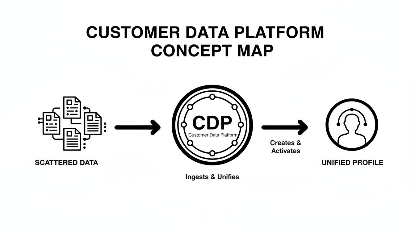 Concept map illustrating how a Customer Data Platform unifies scattered data into a single, unified customer profile.