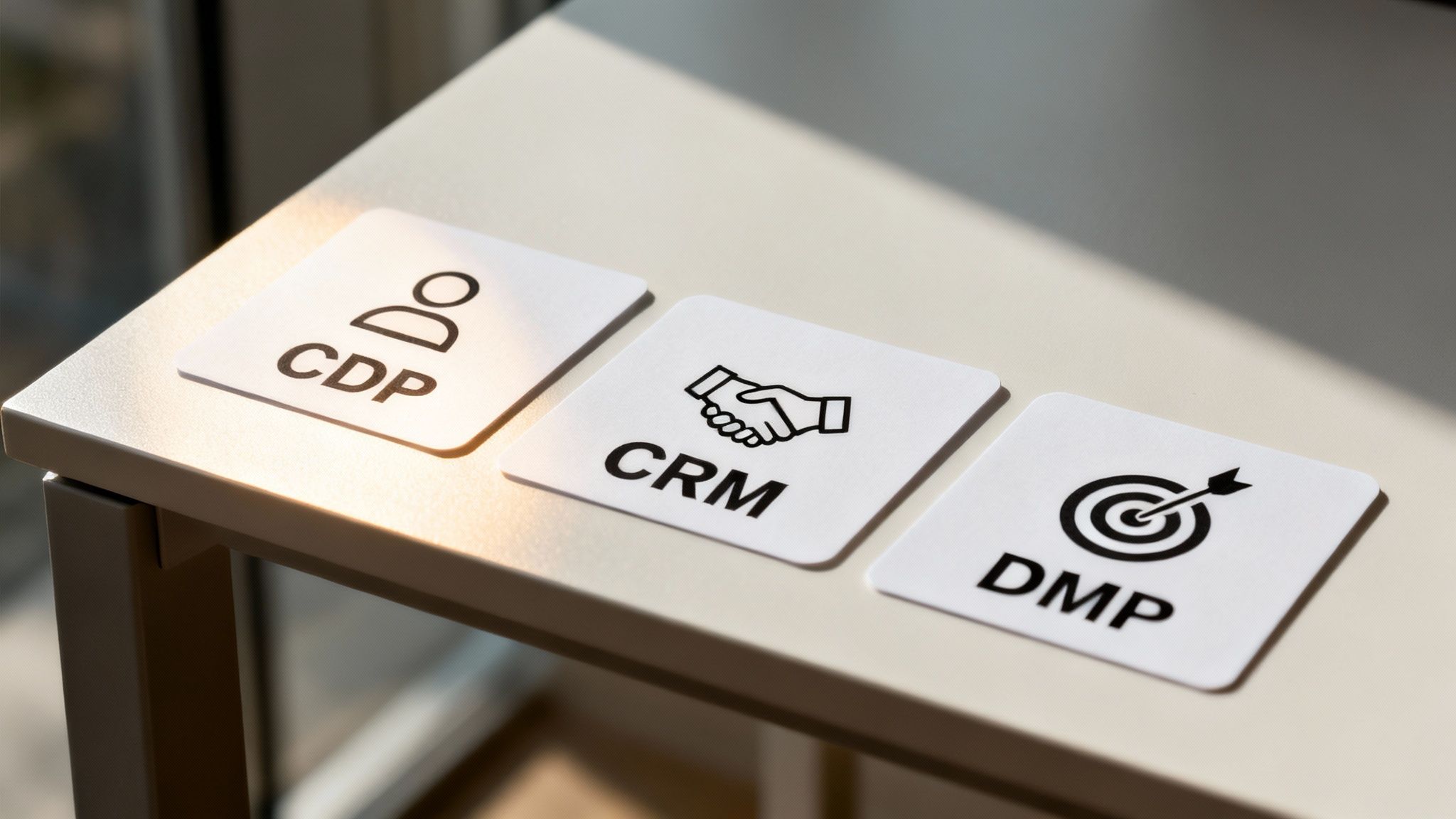 Three white cards with icons and acronyms: CDP, CRM, and DMP, on a light-colored table.