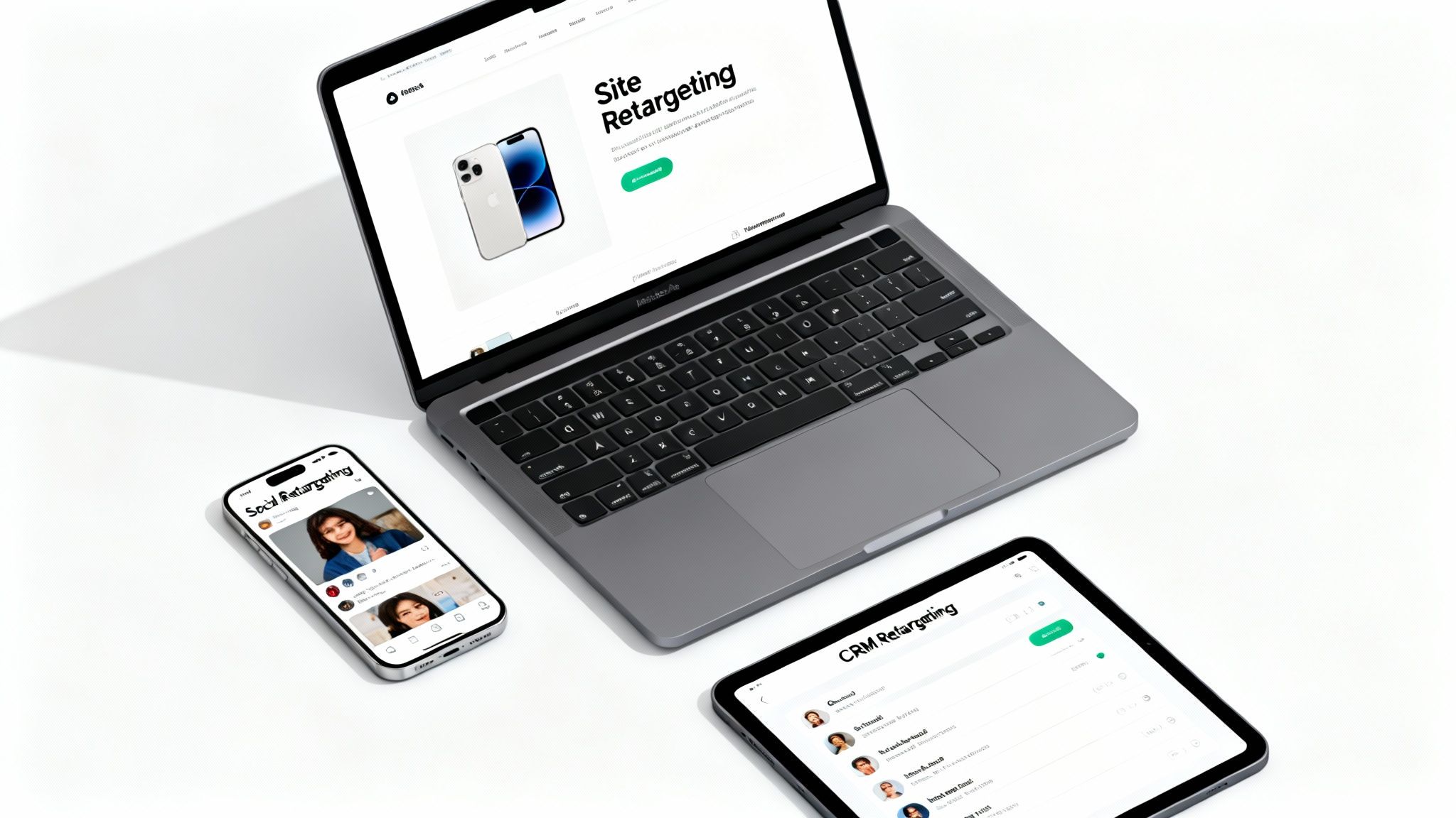 Laptop, smartphone, and tablet displaying site, social, and CRM retargeting interfaces on a white background.