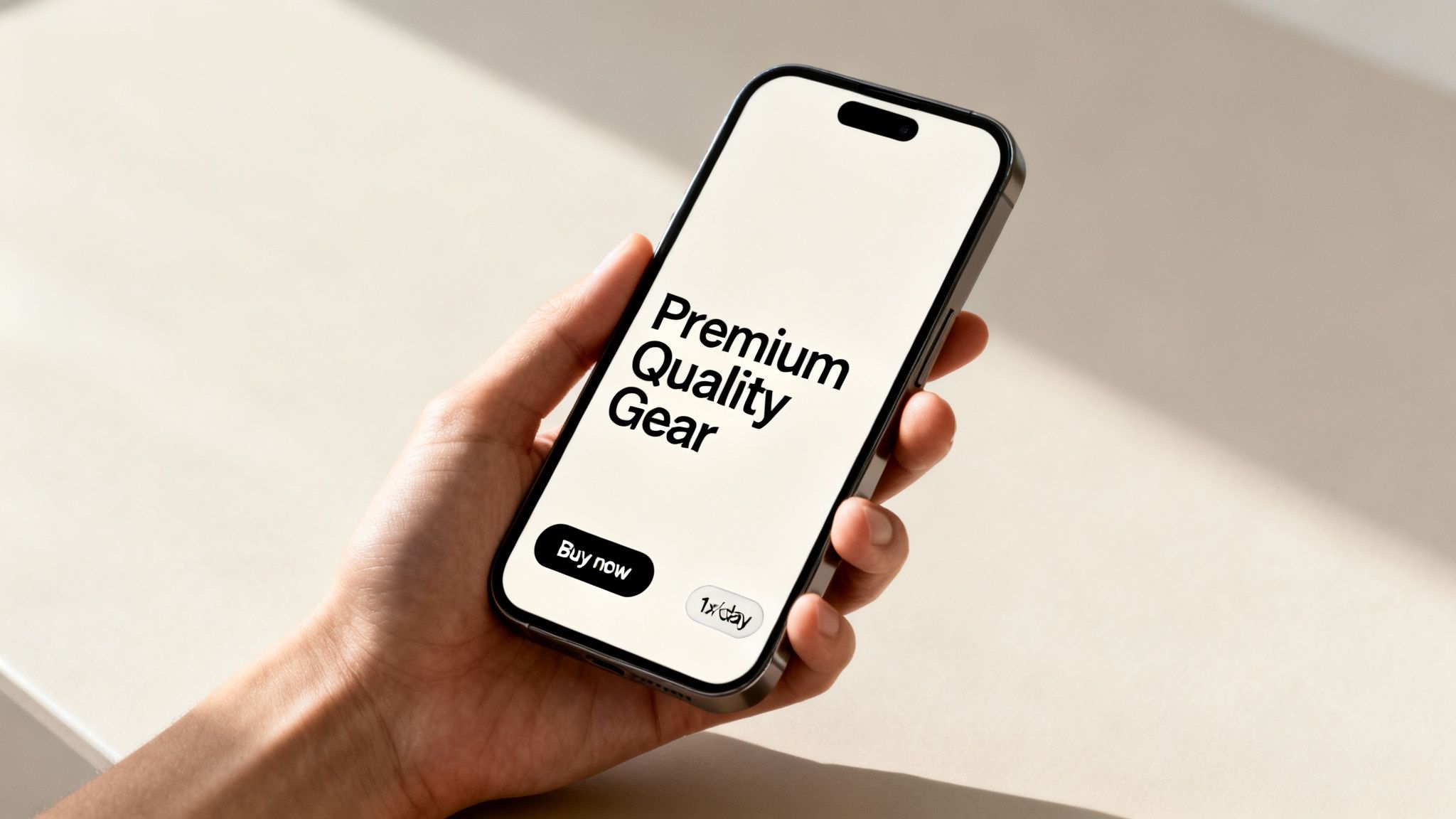 Close-up of a hand holding a smartphone displaying 'Premium Quality Gear' text and 'Buy now' button.