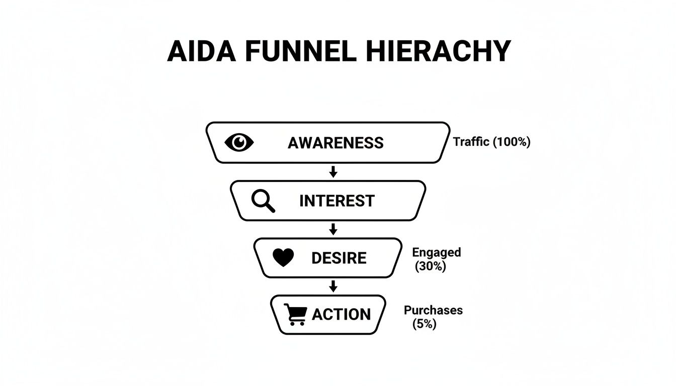 AIDA marketing funnel hierarchy diagram showing Awareness, Interest, Desire, and Action stages with conversion rates.