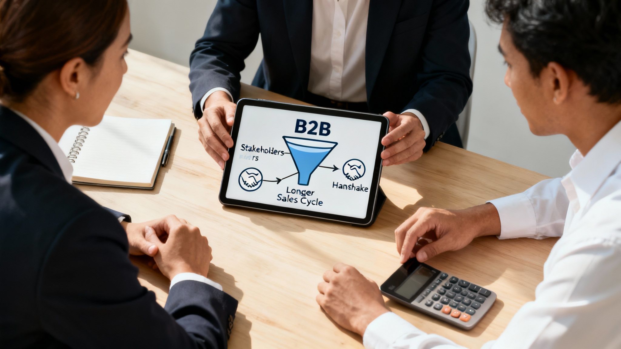 Three professionals discussing a B2B marketing funnel diagram on a tablet during a business meeting.