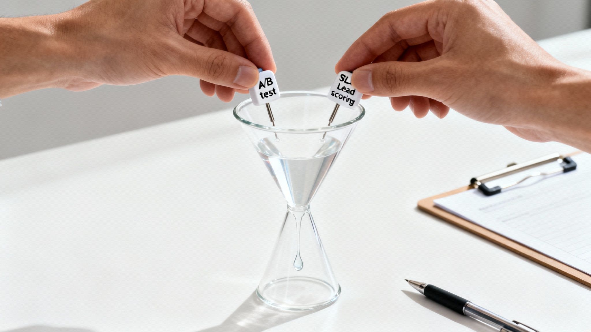 Hands conducting A/B testing and lead scoring by dropping blocks into a marketing funnel hourglass.
