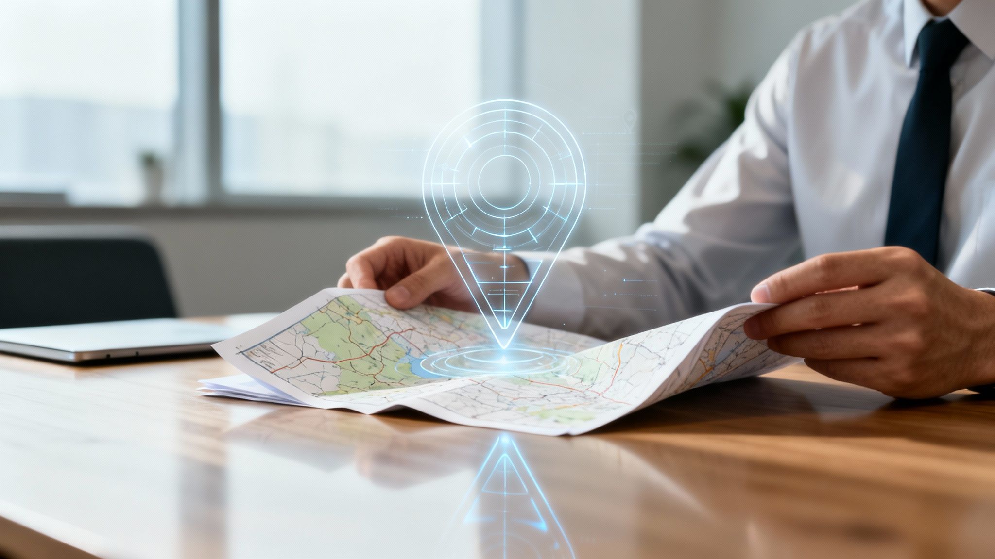 Businessman analyzing a paper map enhanced with a glowing blue digital location pin overlay.