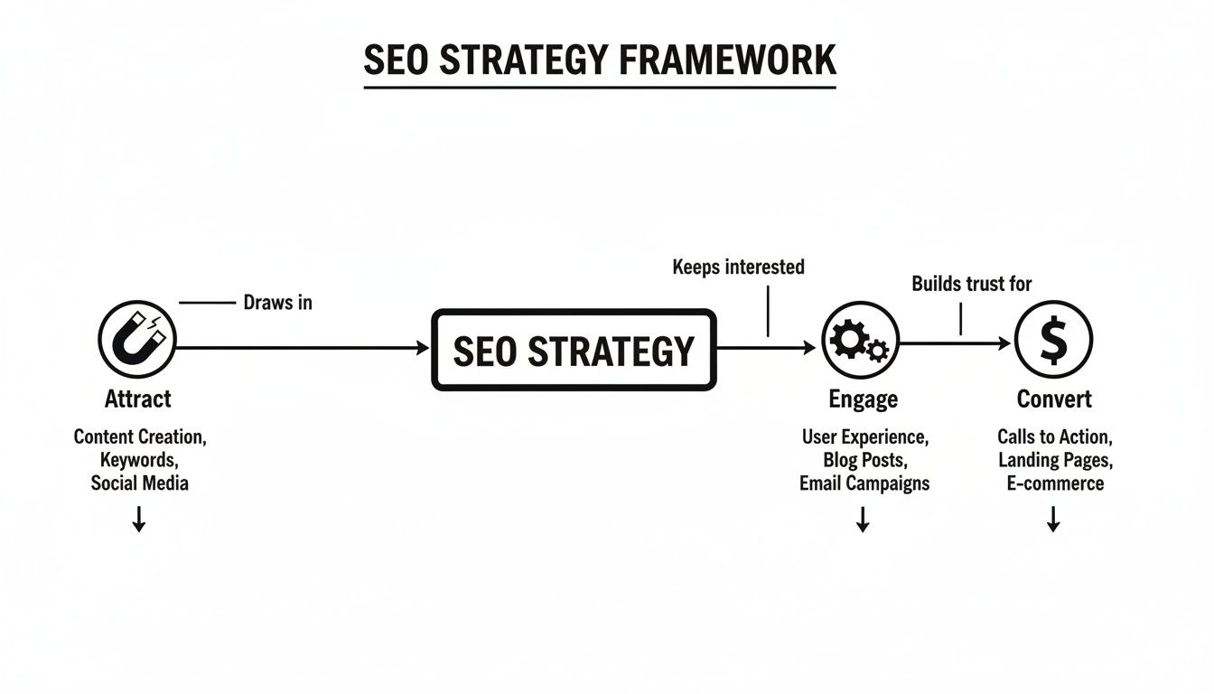 SEO strategy framework diagram illustrating attract, engage, and convert stages with associated tactics.