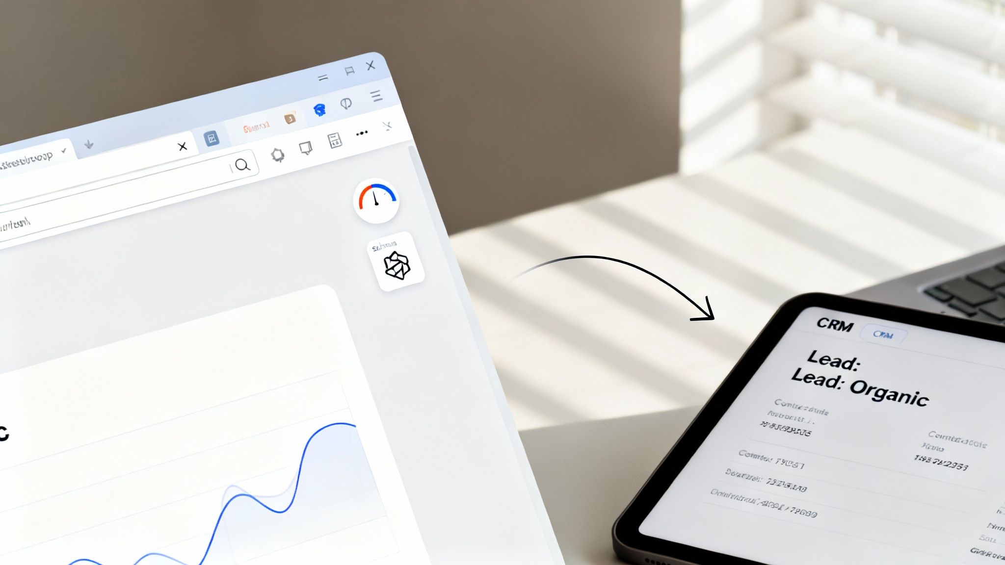 Digital screens display data analysis, with a browser graph and a tablet showing CRM lead details.