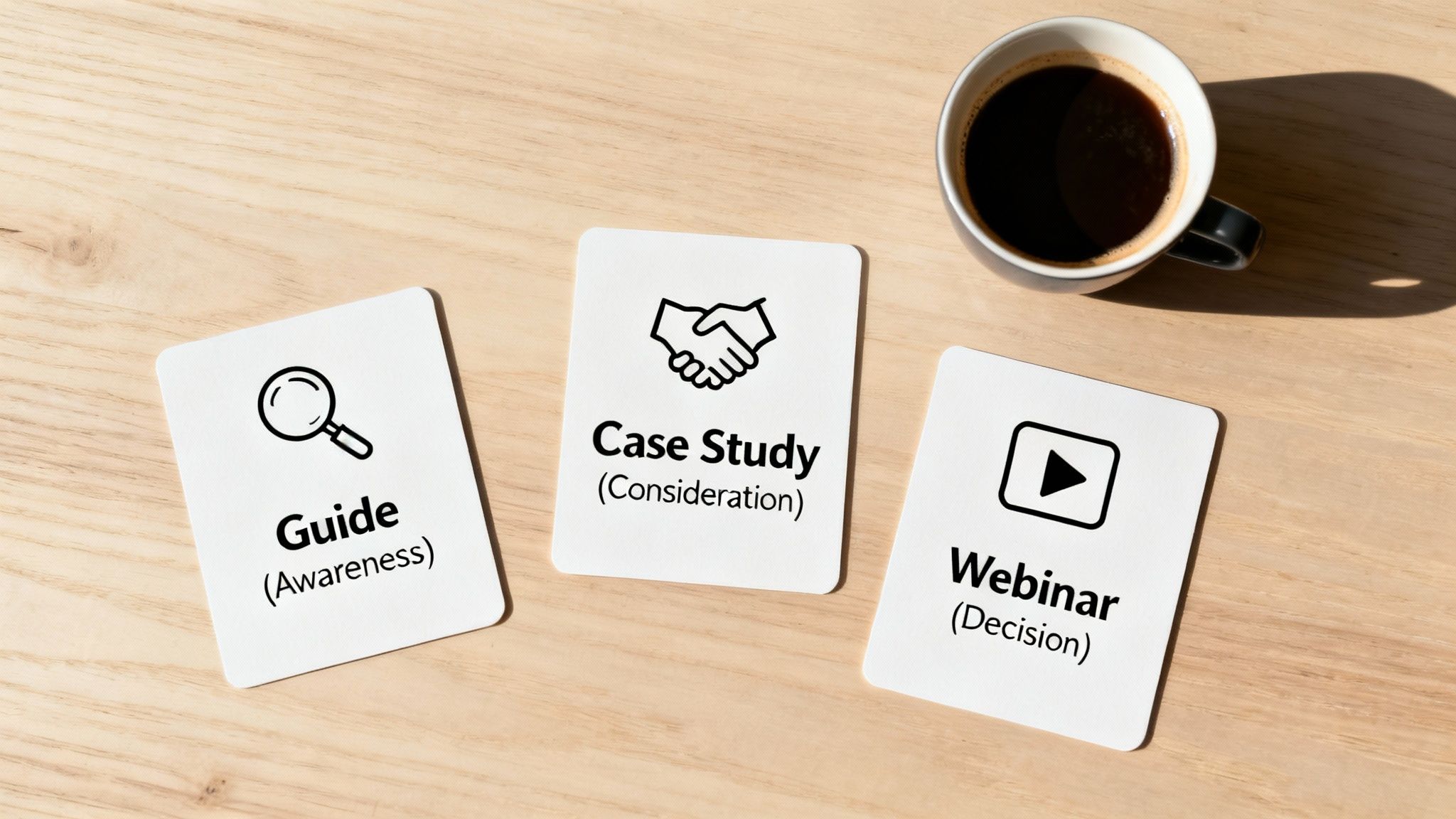 Three cards illustrating content marketing stages: Guide, Case Study, and Webinar, on a wooden table.