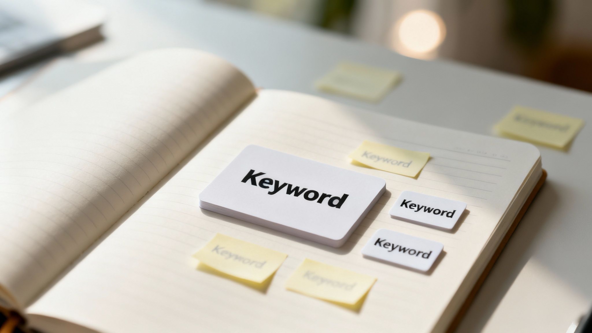 Several white cards and yellow sticky notes with the word 'Keyword' on them, placed on an open notebook, symbolizing SEO strategy.