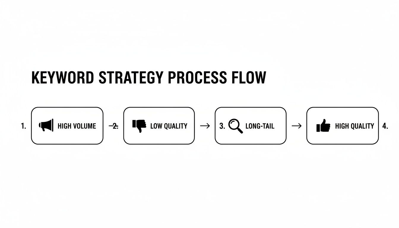 A keyword strategy process flow diagram showing steps from high volume to high quality keywords.