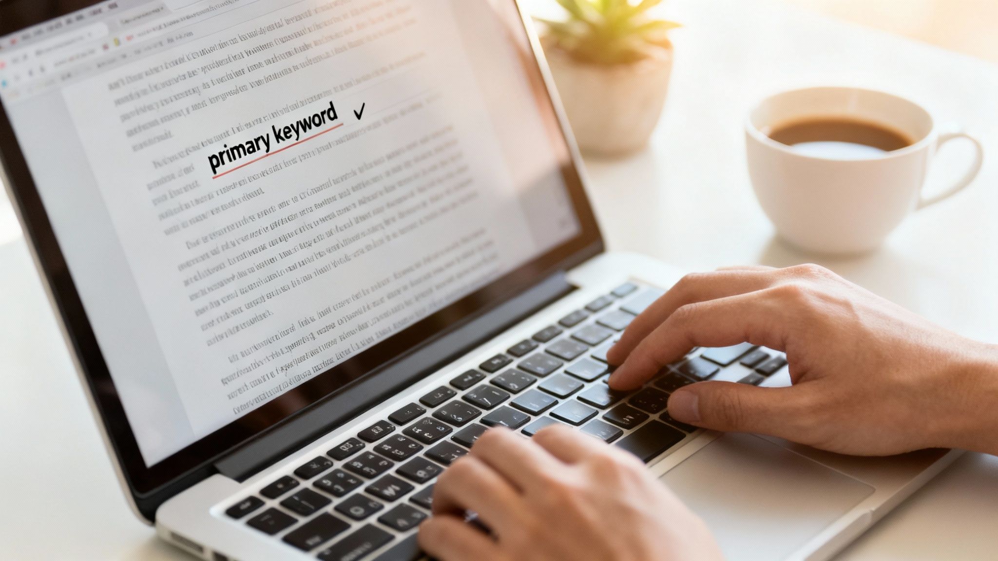 A person typing on a laptop, focusing on 'primary keyword' on the screen, with coffee nearby.