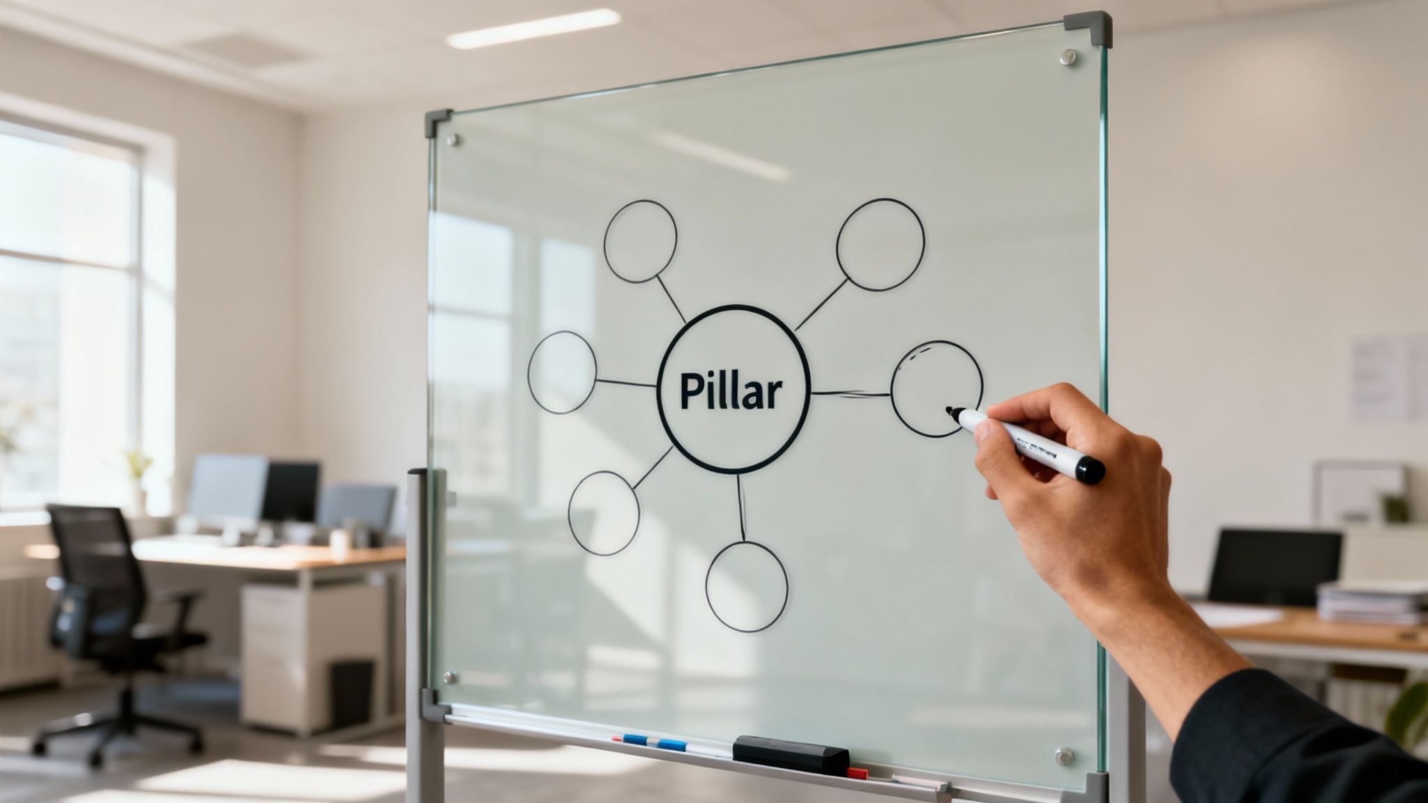 A hand draws a 'Pillar' concept map on a glass whiteboard in a modern office.