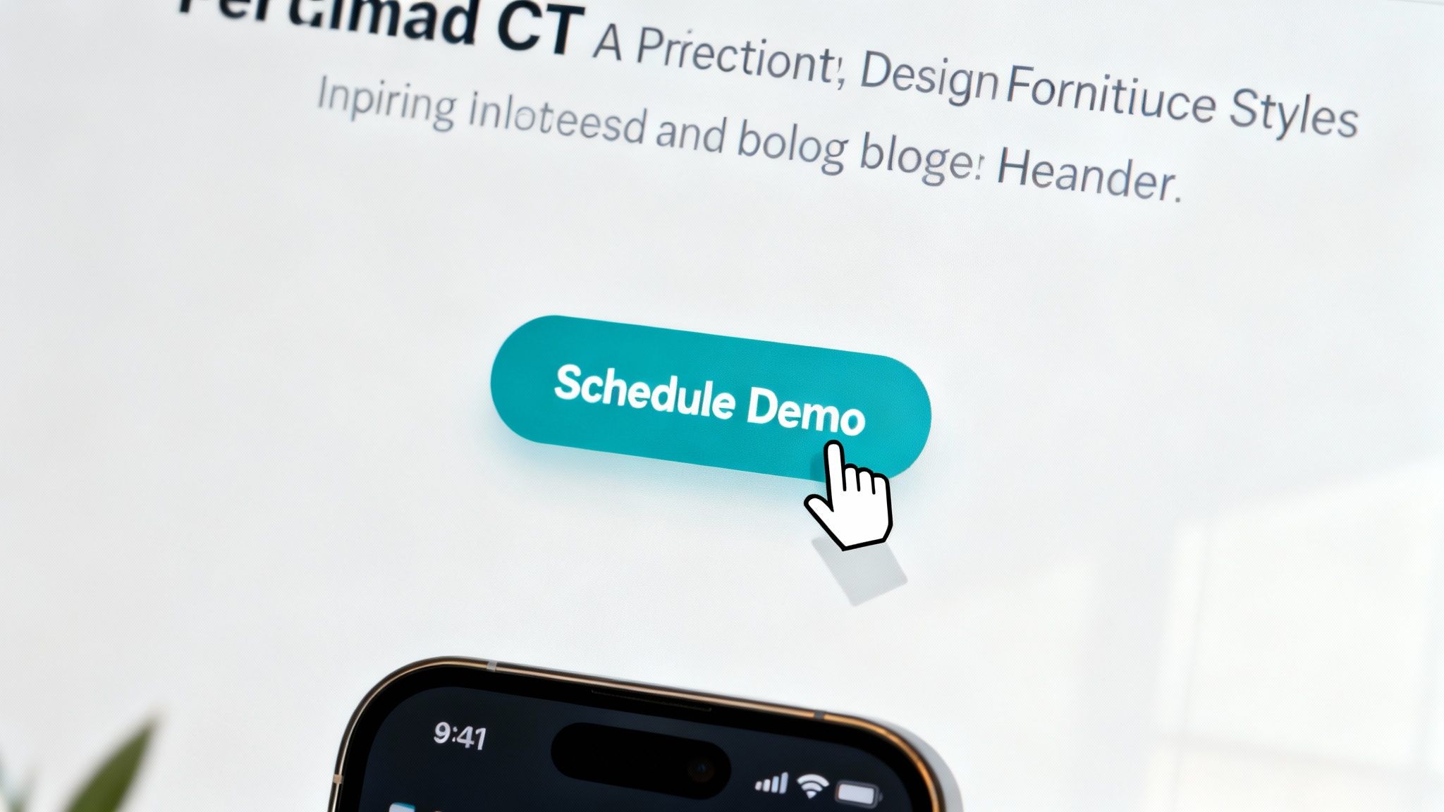A hand-shaped mouse cursor clicks a bright teal 'Schedule Demo' button on a website.