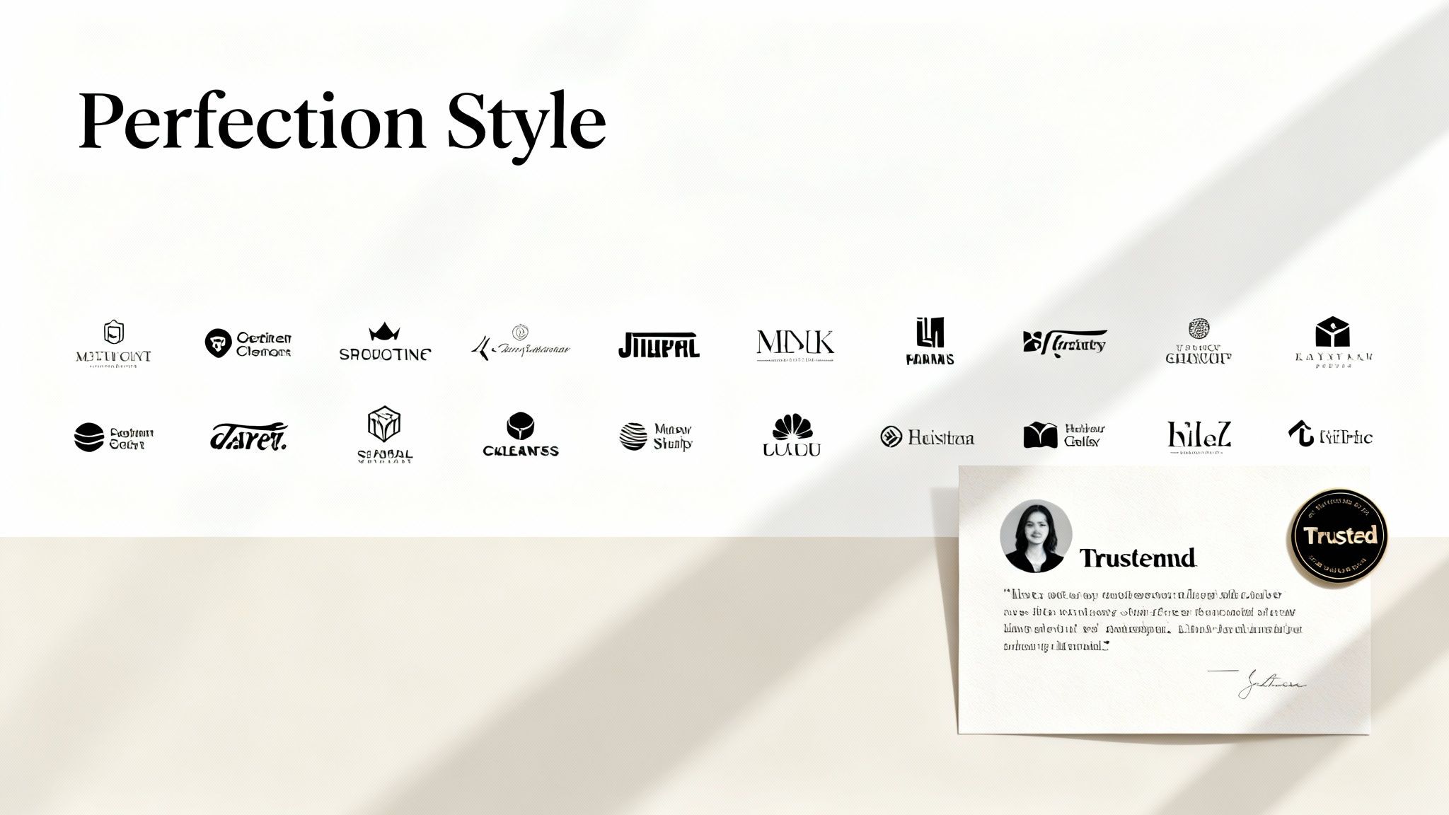 A collection of black and white company logos under the title 'Perfection Style', alongside a customer testimonial card.