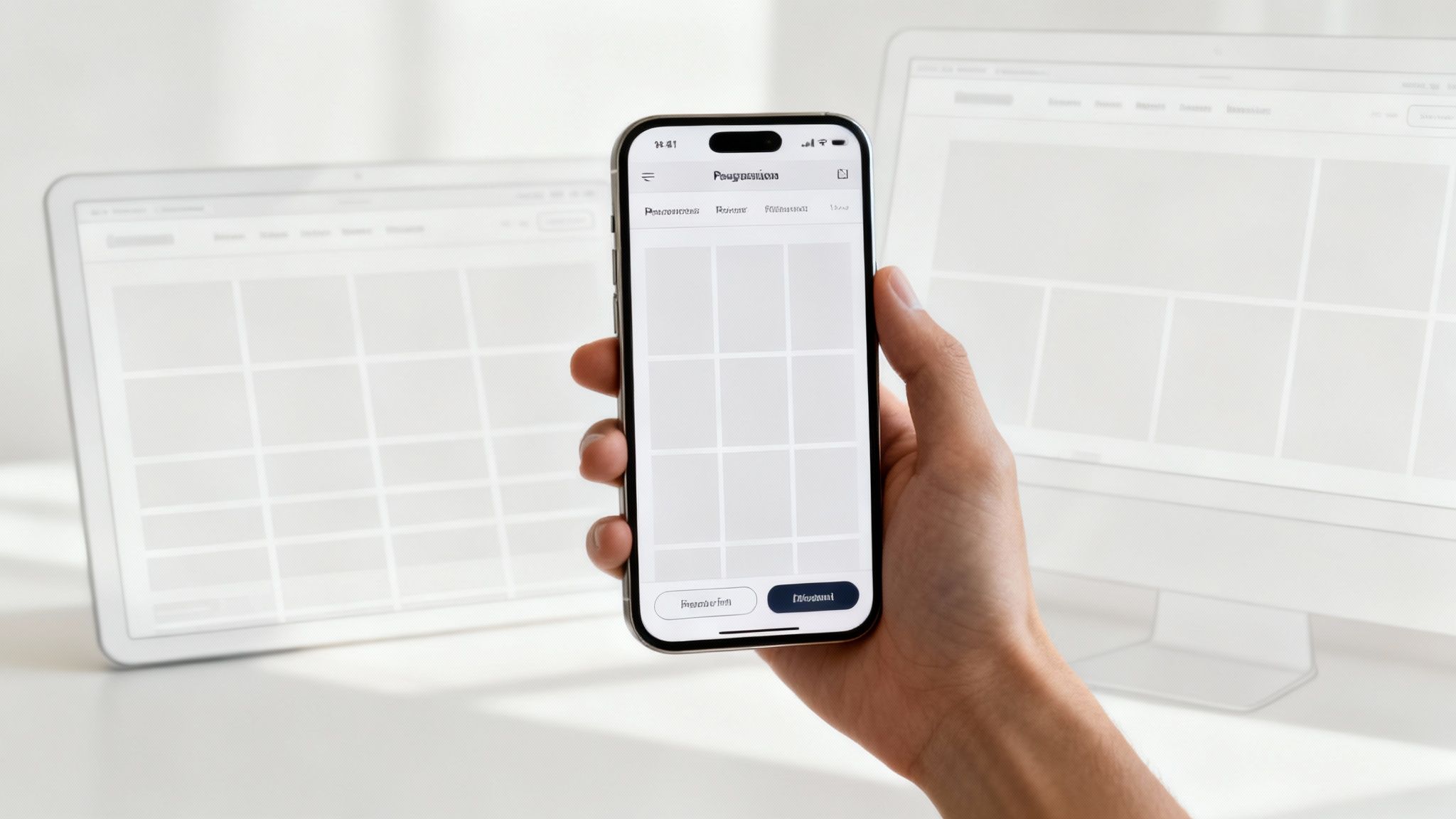 A person holds a smartphone displaying an app interface, with a laptop and desktop in the background.