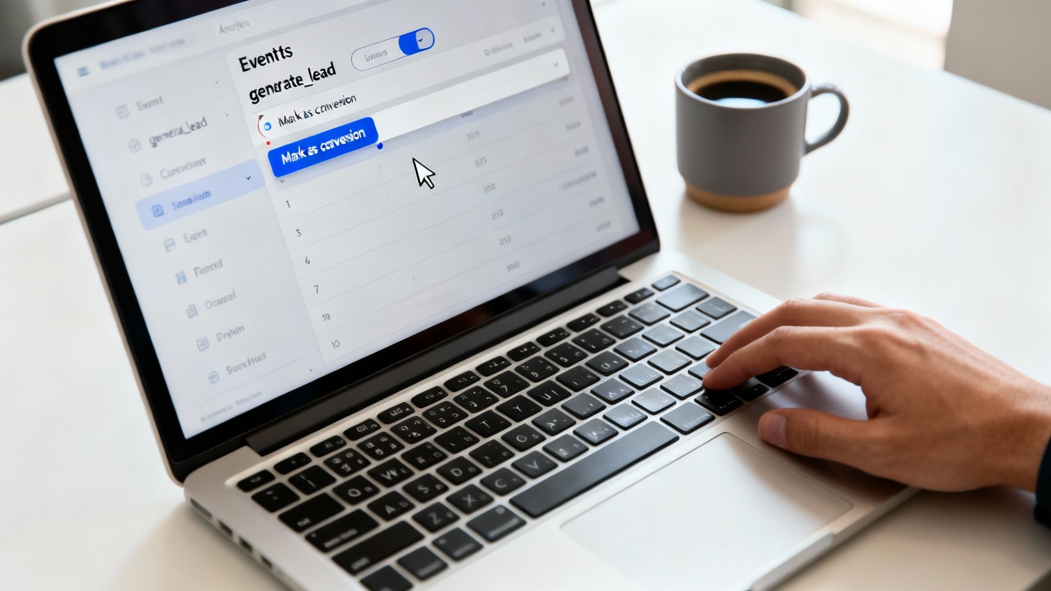 Person marking 'generate_lead' as a conversion in a web analytics interface on a laptop.
