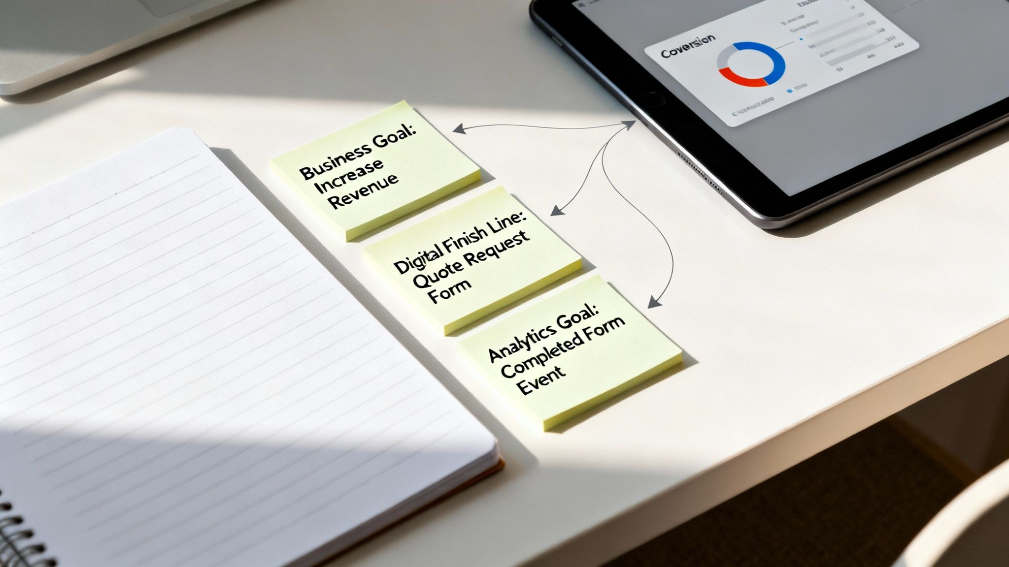 Sticky notes outlining business goals, digital finish line, and analytics goal linked to a tablet showing conversion data.