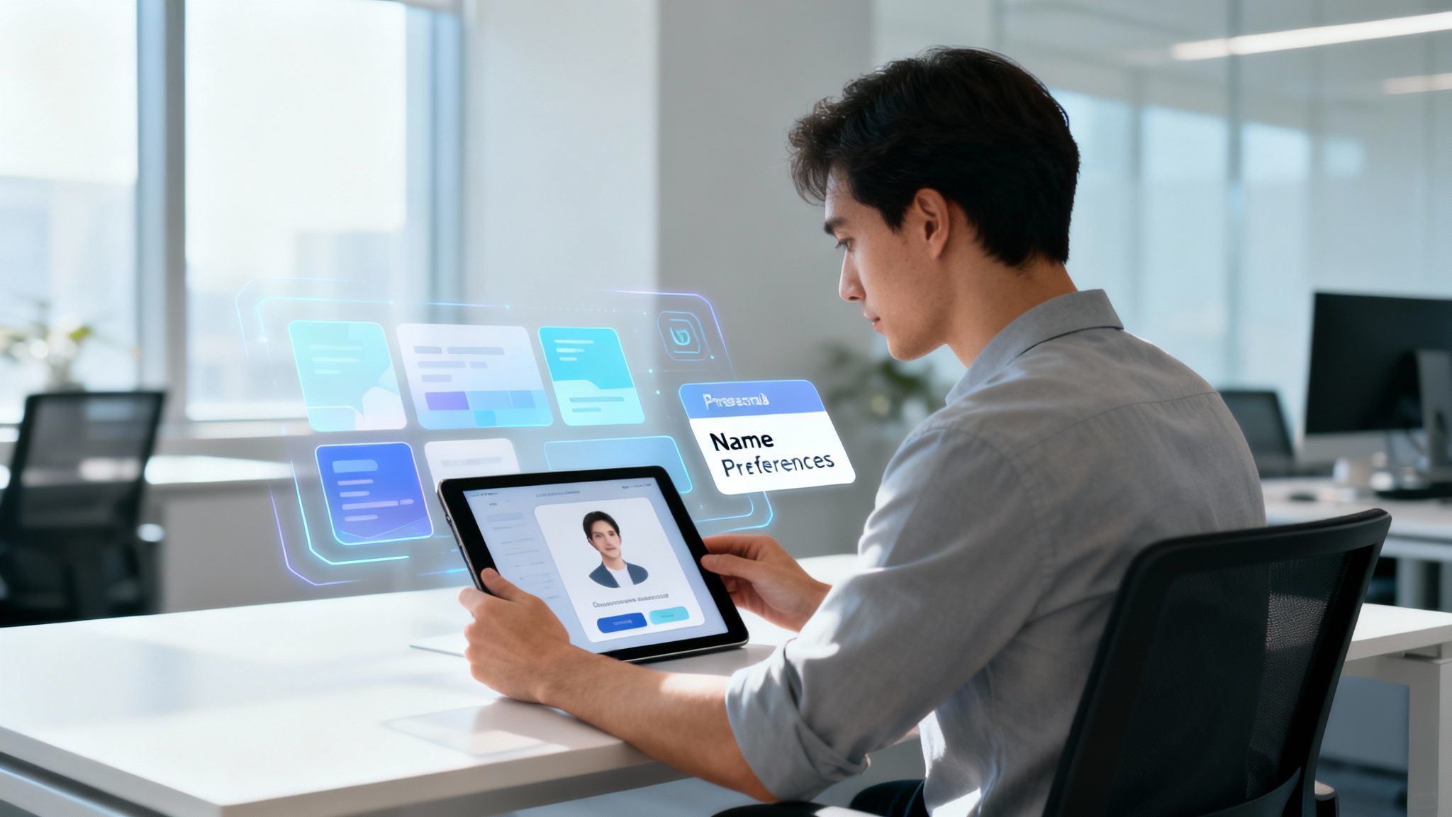 Young man interacting with a tablet displaying a profile and holographic interfaces with "Name Preferences".