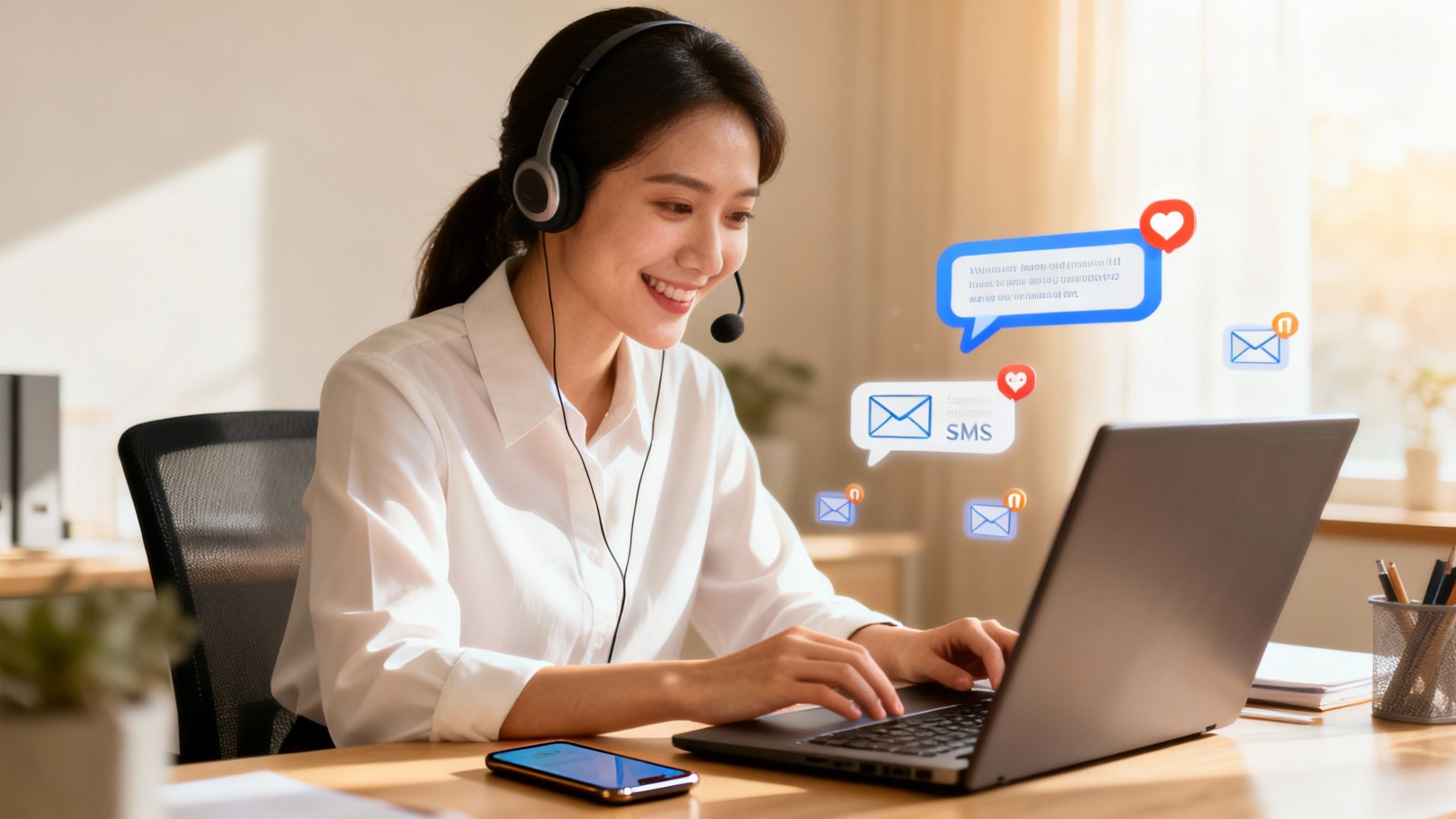 Smiling Asian woman with headset works on laptop, surrounded by glowing customer engagement icons.