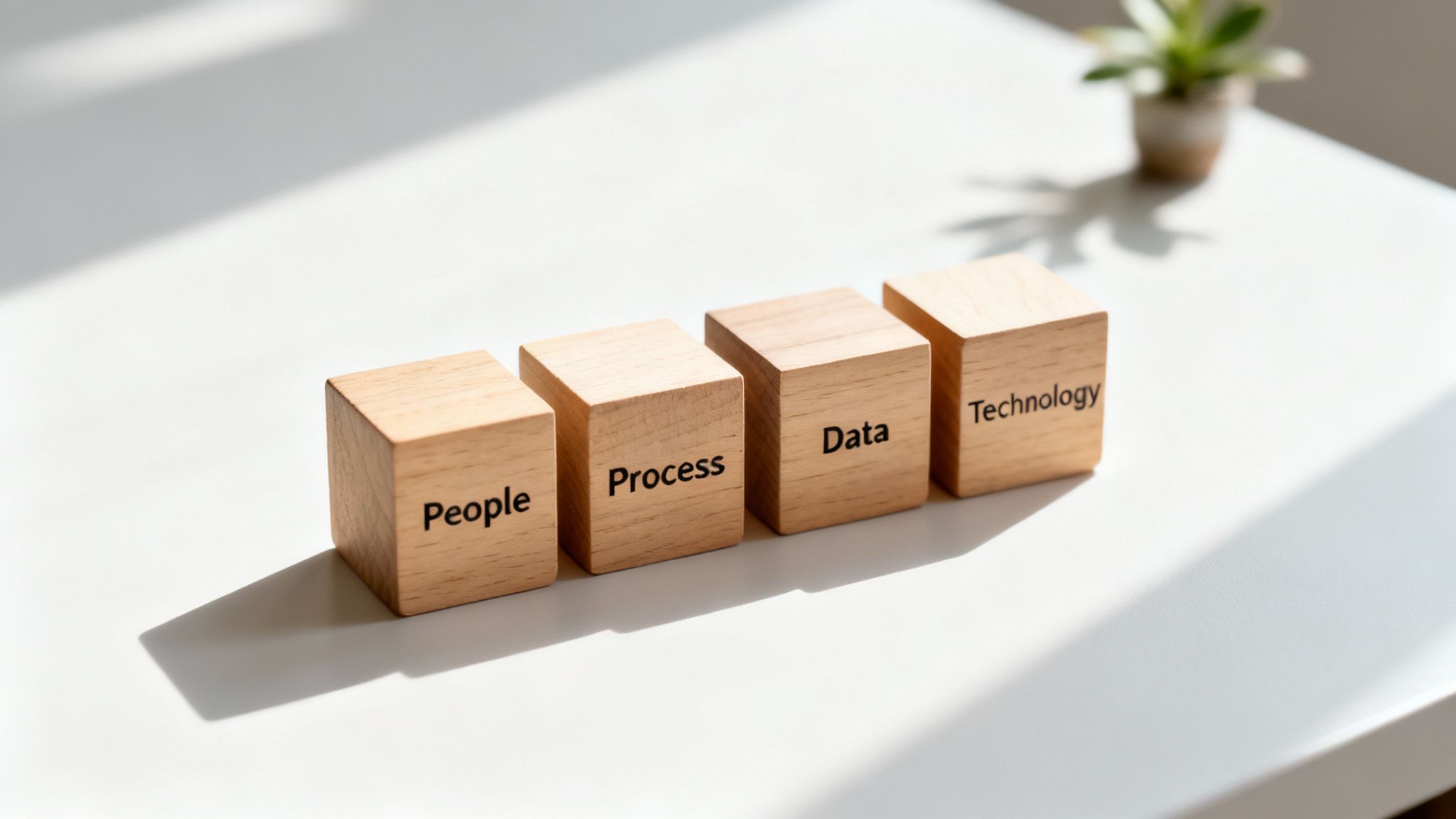 Four wooden blocks displaying 'People', 'Process', 'Data', 'Technology' on a white desk.