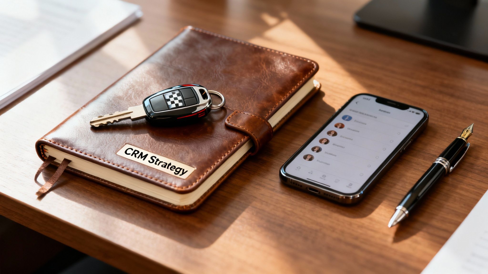 A CRM Strategy notebook, car key, smartphone displaying contacts, and fountain pen on a wooden desk.