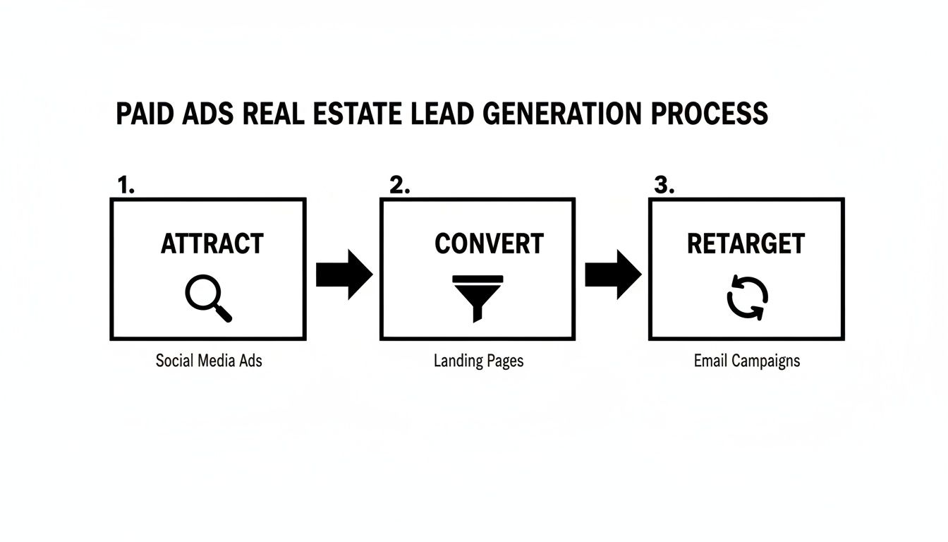 Diagram showing a three-step paid ads real estate lead generation process: Attract, Convert, Retarget.