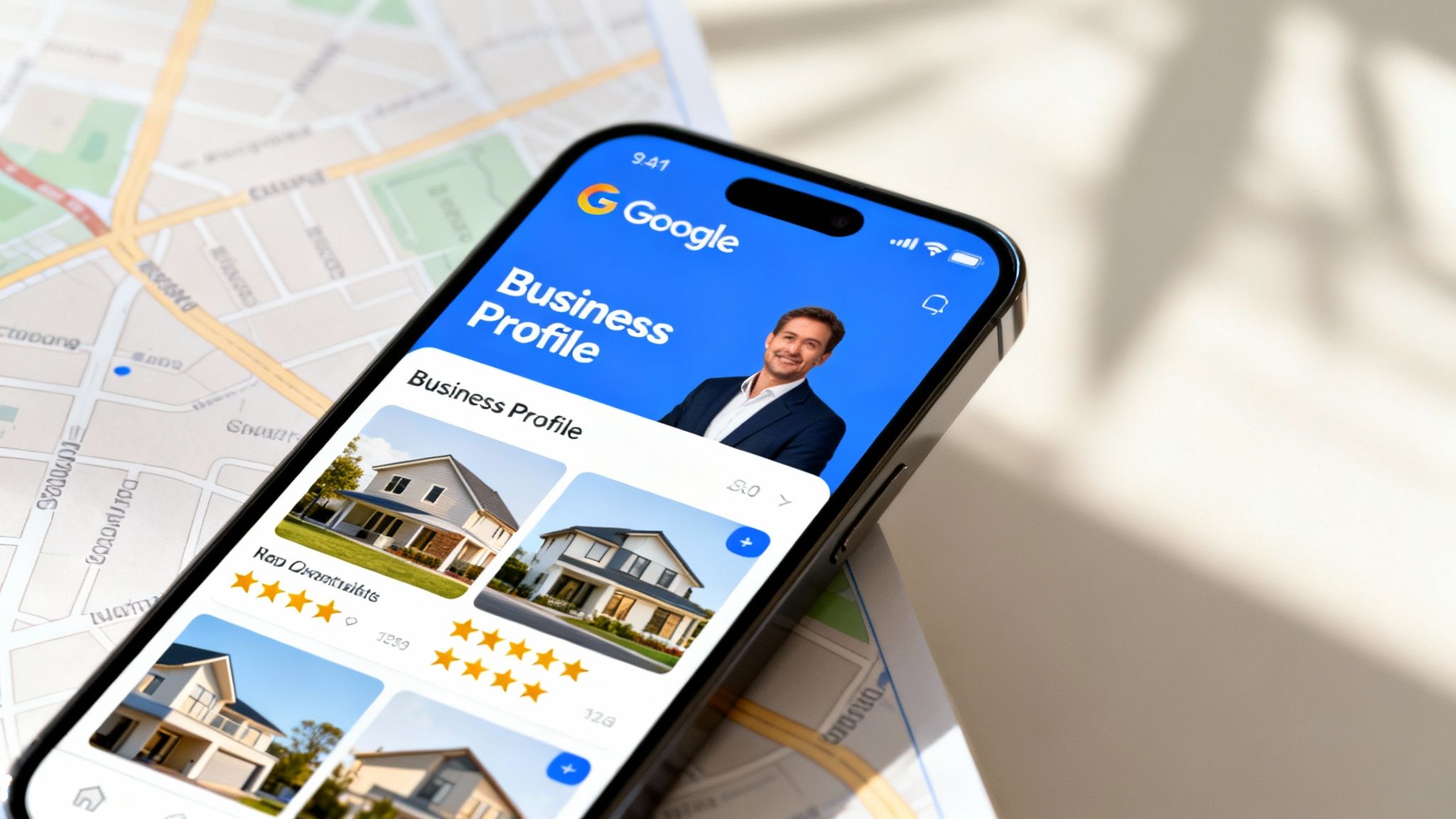 Smartphone displaying Google Business Profile with real estate listings, agent photo, ratings, and a map background.