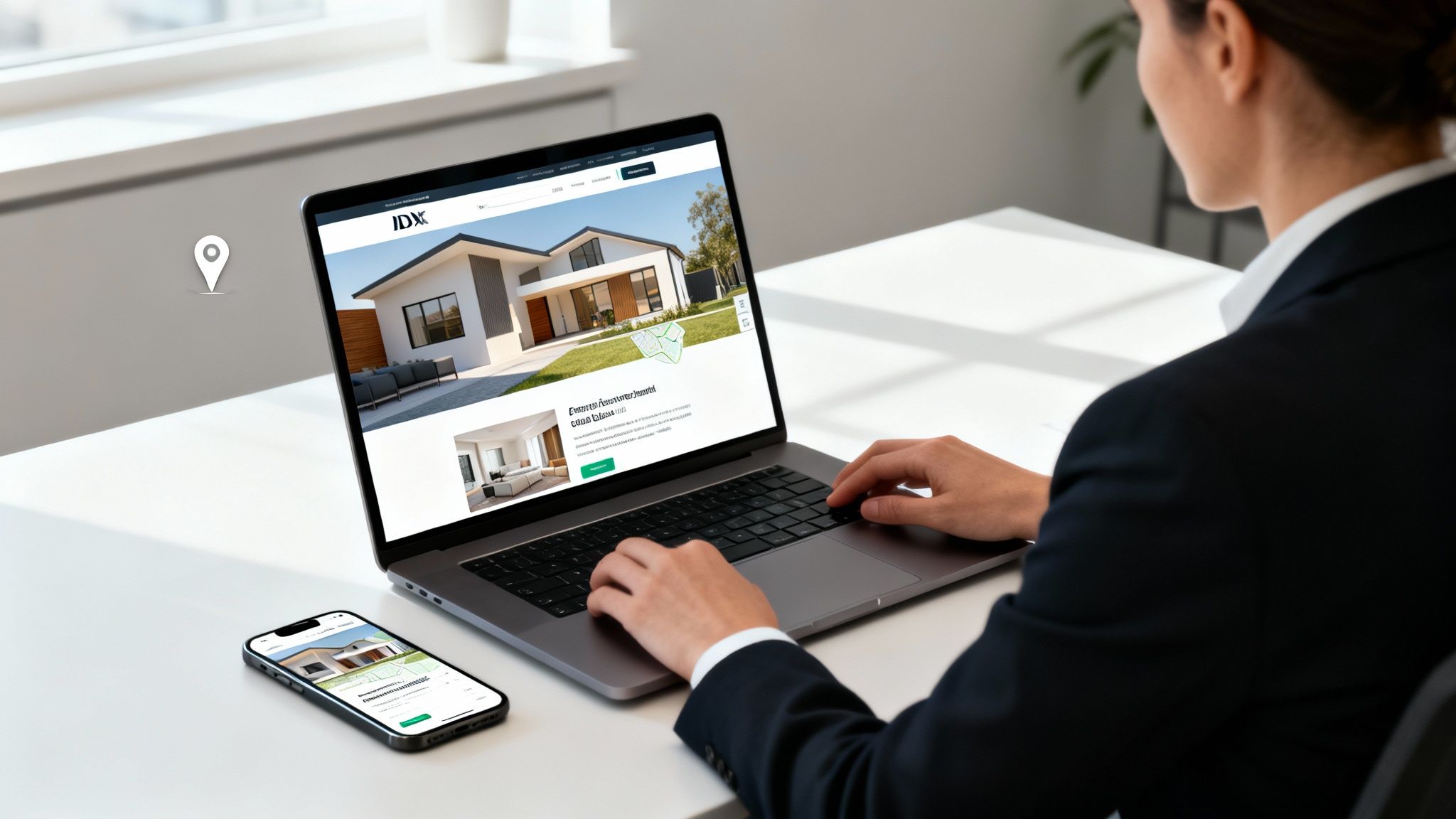 Woman viewing real estate properties on a laptop and phone, with a location pin icon.