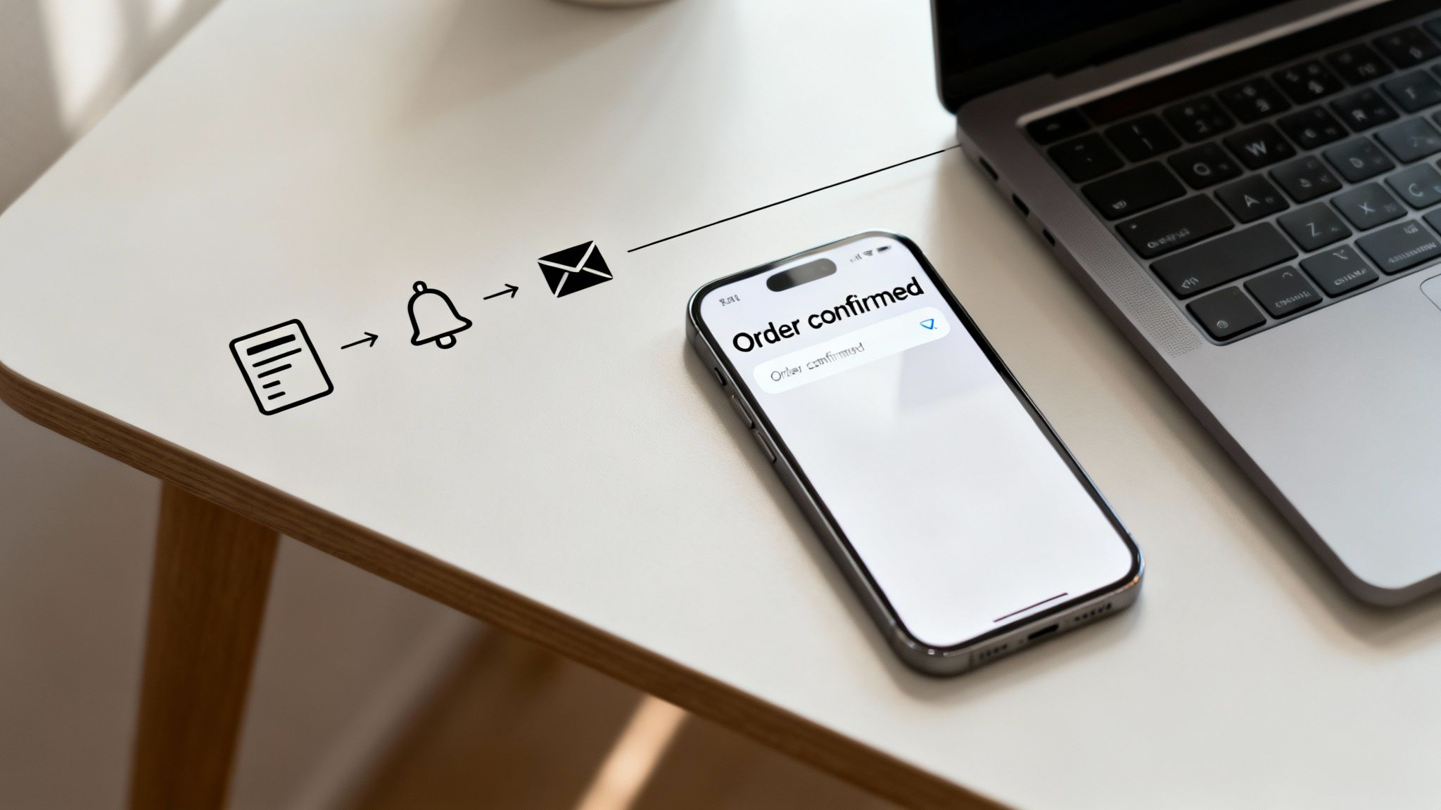 Smartphone displays 'Order confirmed' next to a laptop, with icons showing a document, bell, and email.