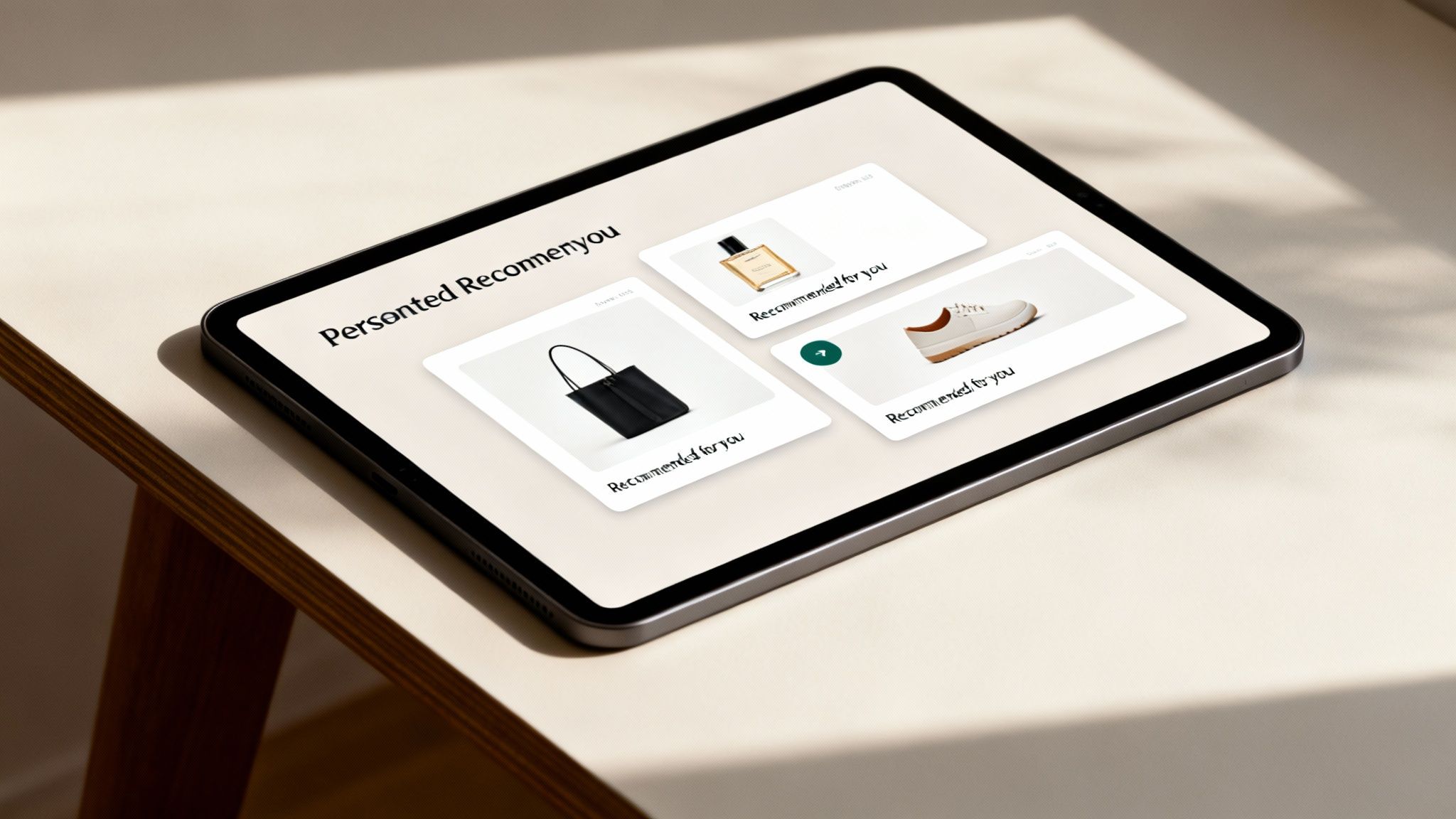 A tablet on a beige table displays personalized product recommendations for fashion items like a bag, perfume, and sneakers.