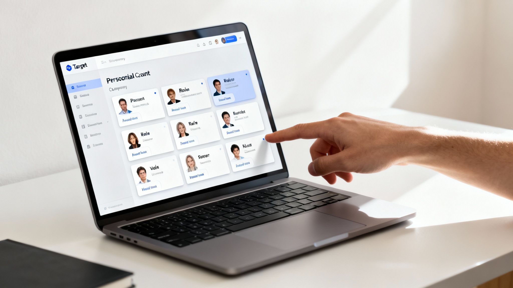Hand pointing at a laptop screen displaying a modern personnel management application interface.