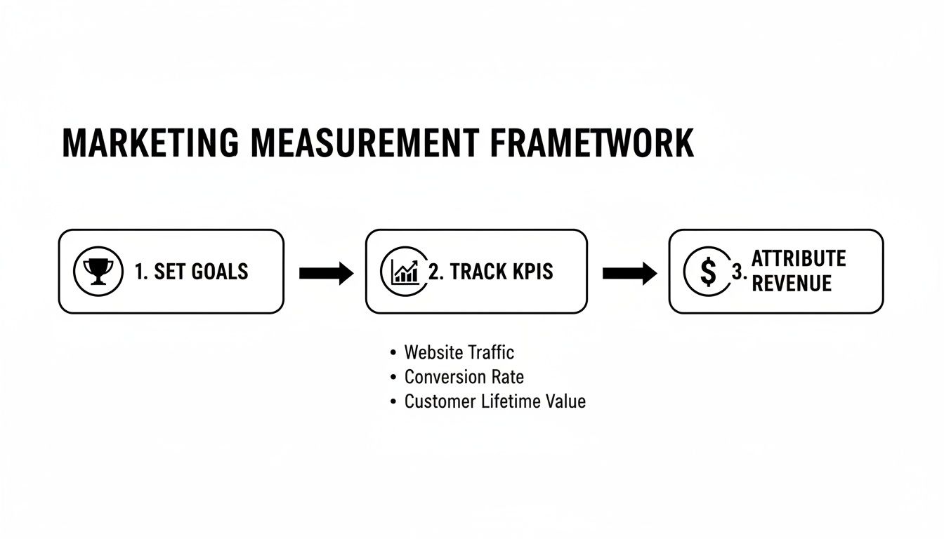 A marketing measurement framework illustrating steps to set goals, track KPIs, and attribute revenue.