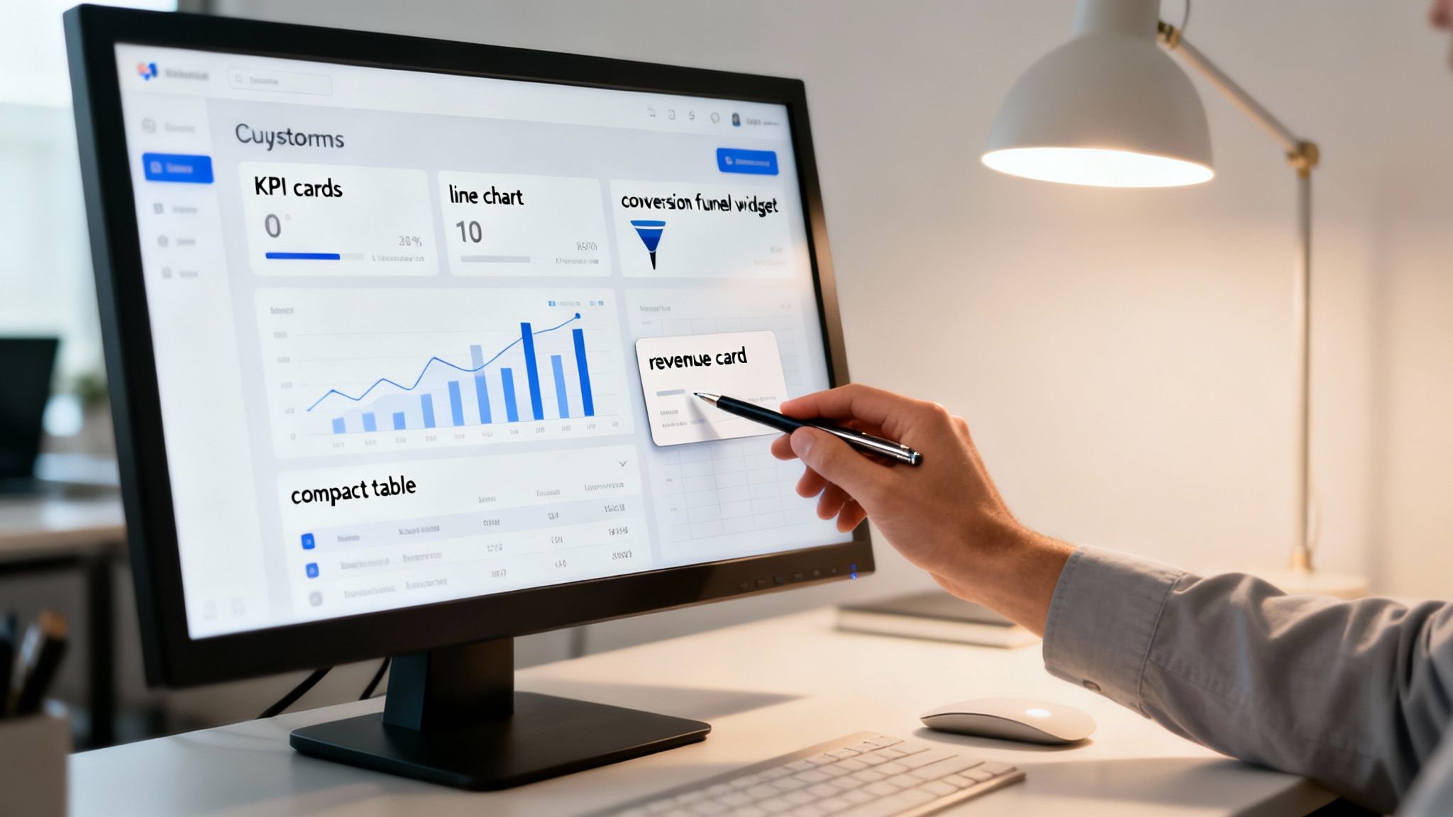 A person's hand with a pen pointing at a computer screen displaying a digital marketing performance dashboard.