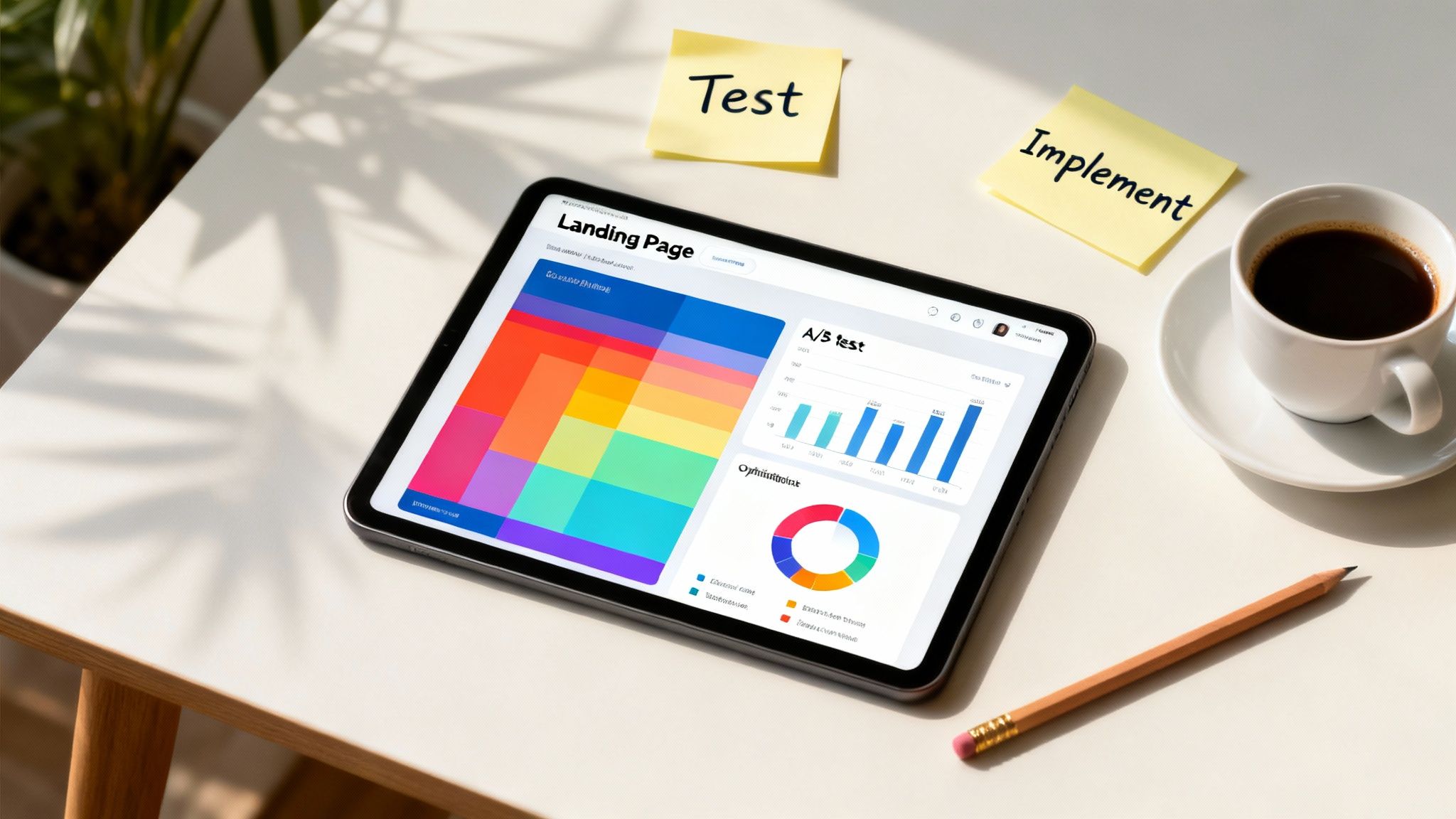 A tablet displaying a landing page with colorful charts and data, alongside 'Test' and 'Implement' sticky notes.