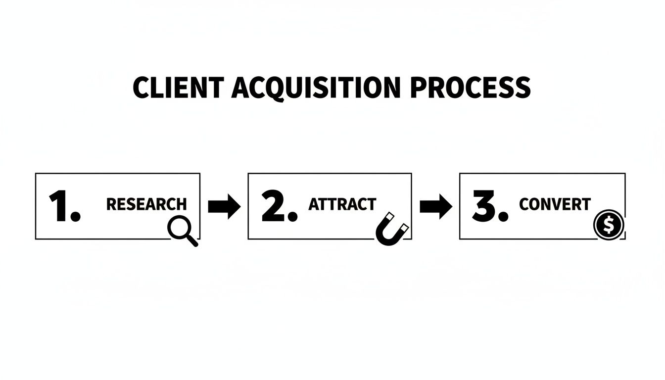 An infographic detailing a three-step client acquisition process: 1. Research, 2. Attract, 3. Convert.