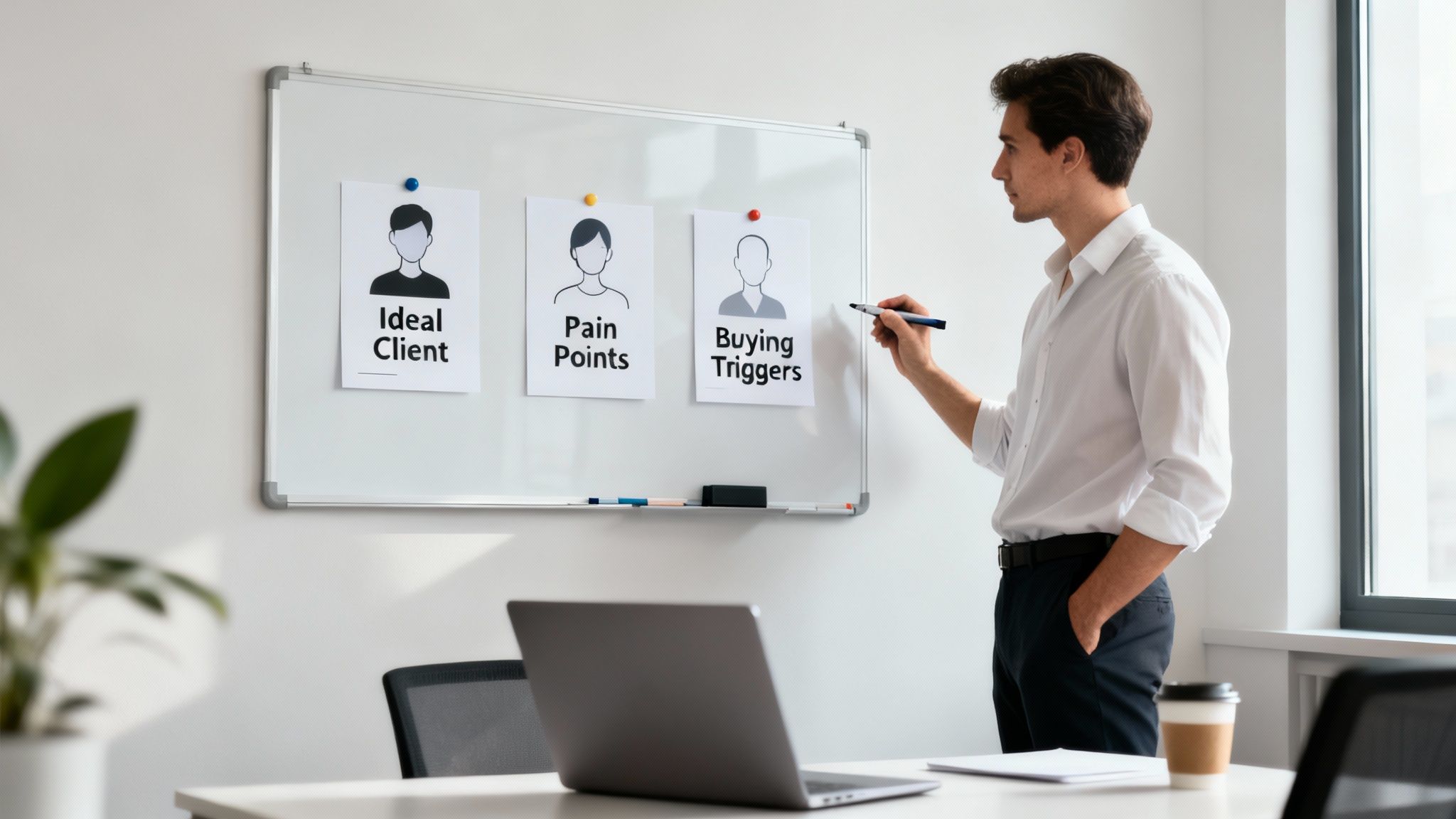 A man in a white shirt explains marketing concepts like "Ideal Client" and "Pain Points" on a whiteboard.