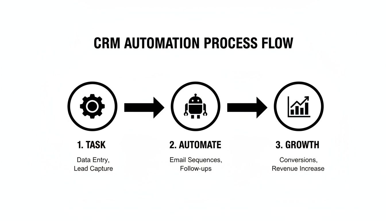 CRM automation process flow illustrating steps from task to growth with icons.
