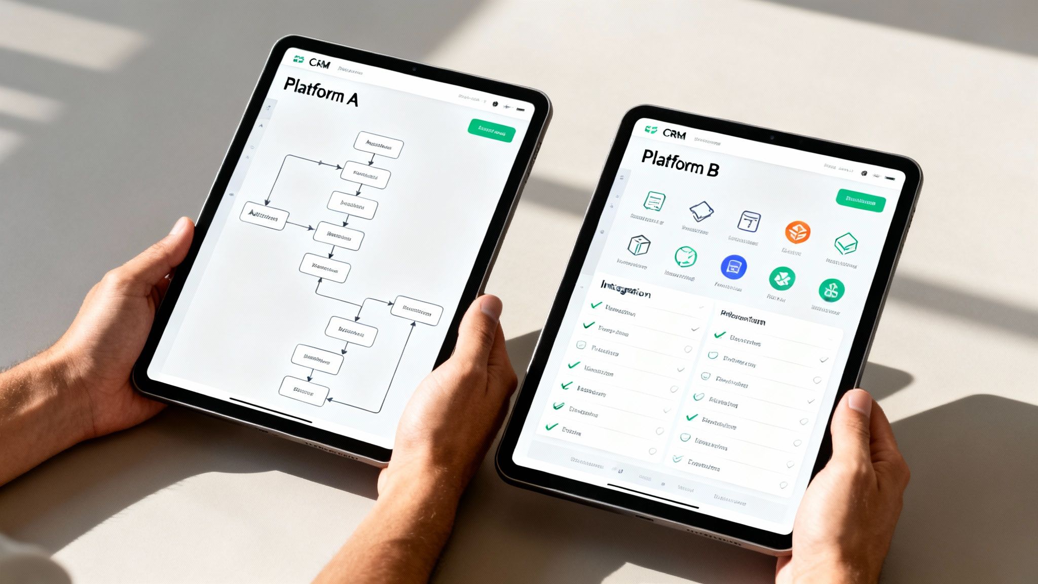 Two hands hold tablets displaying CRM platforms with a process flow diagram and integration settings.